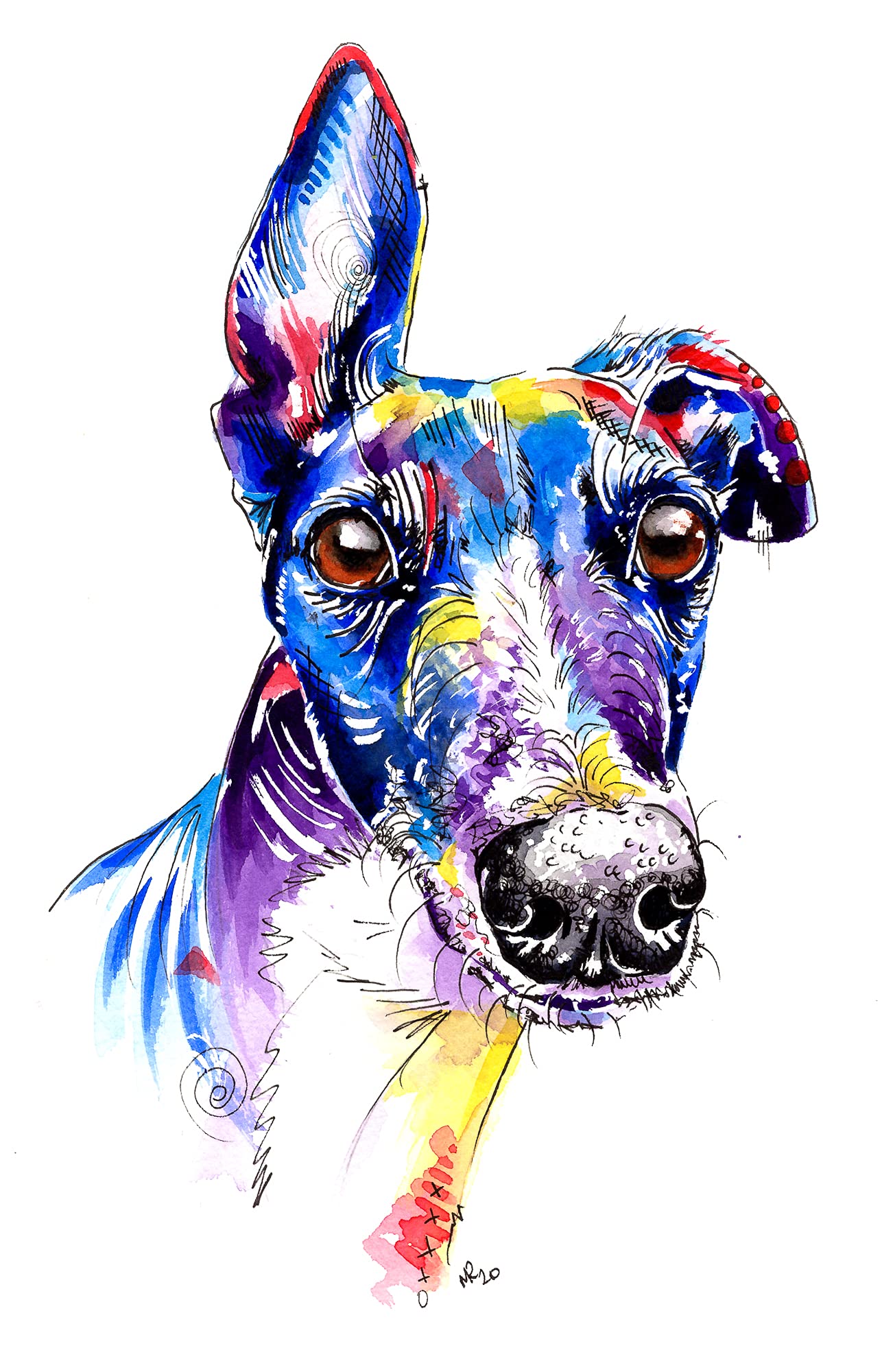 Art By Mike Ramshaw Blue, Purple, Red, Yellow Greyhound Whippet Lurcher Italian Dog Painting Art Print, Dog Artwork, Wall Art - [A4 Print Only - 8.25 X 11.75"]