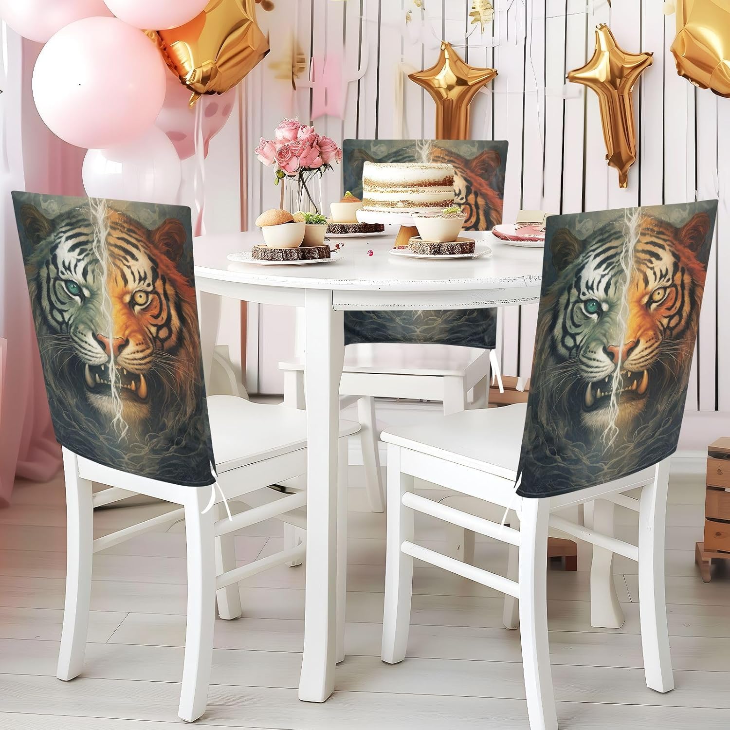 ALAZA Retro Style Tiger Chair Back Cover Set of 6, Washable Reusable Removable Chair Slipcovers Decorative Chair Cover for Home Kitchen Wedding Party