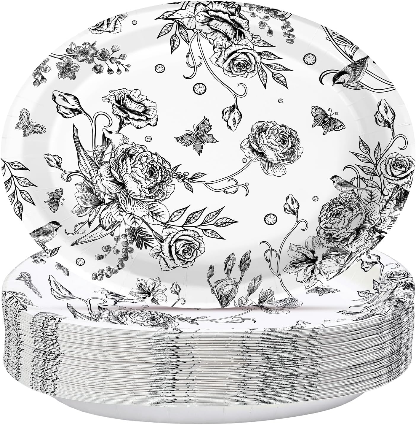 50 PCS Purple Floral Oval Paper Plates 10" x 12" Large Heavy Duty Disposable Watercolor Flower Butterfly Plates for Birthday Wedding Bridal Baby Shower Party Decorations