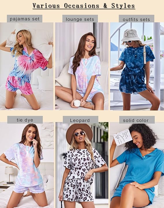 Ekouaer Pajamas Set for Women Short Sleeve Lounge Set 2 Piece Soft Cute Pjs | Lightweight Summer Pajamas,Henley Top with Buttons,Elastic Waist Shorts,for Loungewear,Sleepwear,Beach,Vacation,Gift