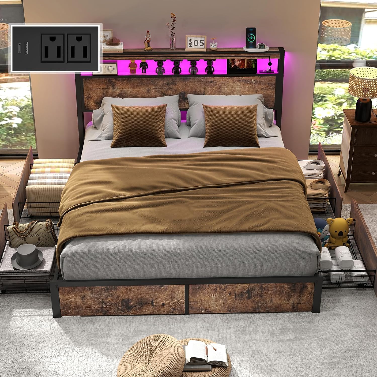 Queen Size Bed Frame with 4 Storage Drawers and Headboard with Charging Station and LED Lights,2 Tier Solid Wood Headboard Storage,Noise Free, No Box Spring Needed/Remote Control/Vintage Brown