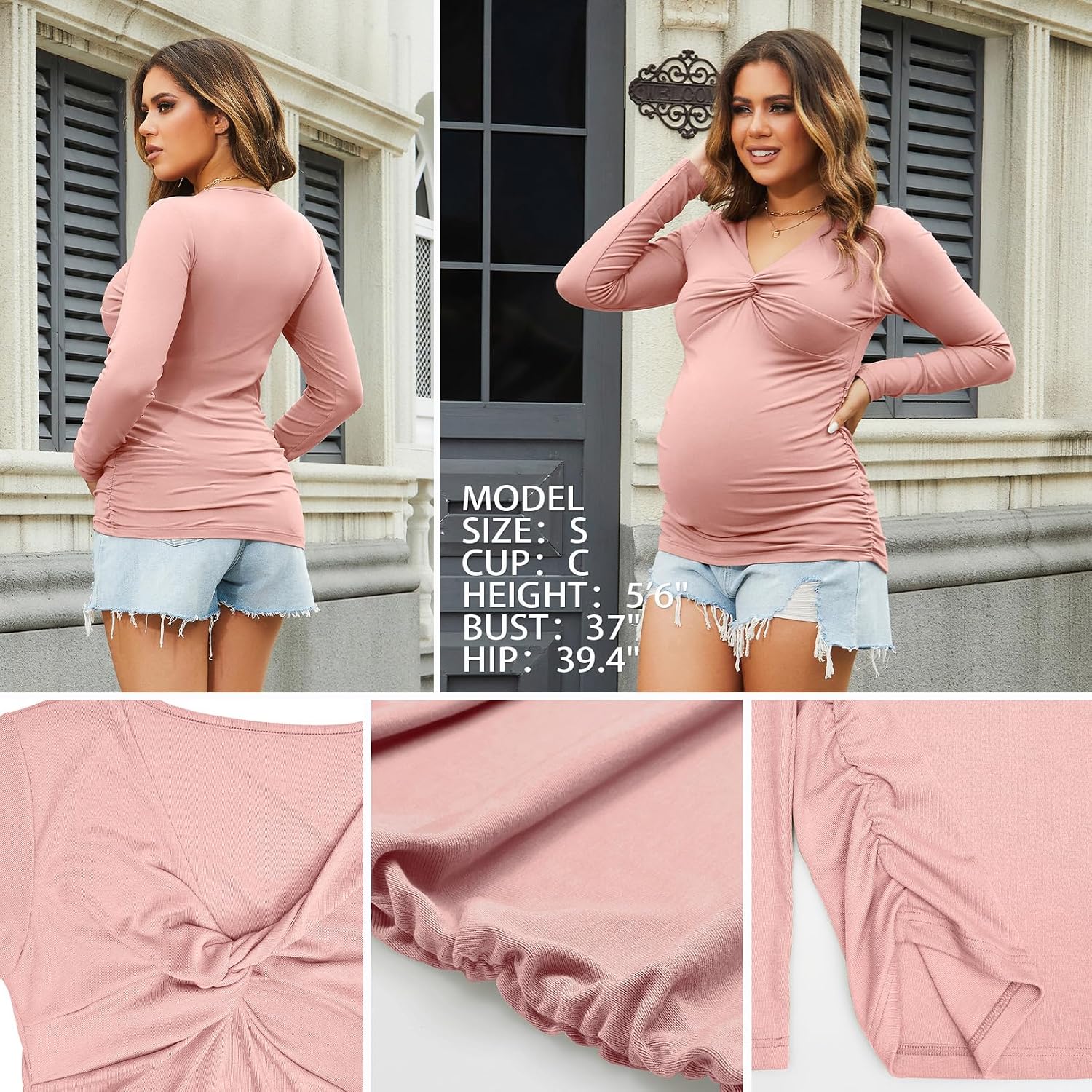 Women's Maternity Shirts V Neck Twist Knot Front Maternity Tops Long Sleeve Pregnancy Tee Shirts