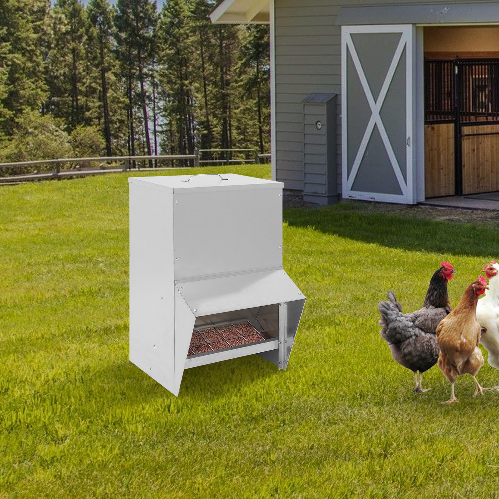 Comedero de metal, 25 l, dispensador de alimentos con tapa, comedero automático para pollos y aves, comedero automático para pollos 35 x 26 x 54,5 cm, alimentación para aves de corral