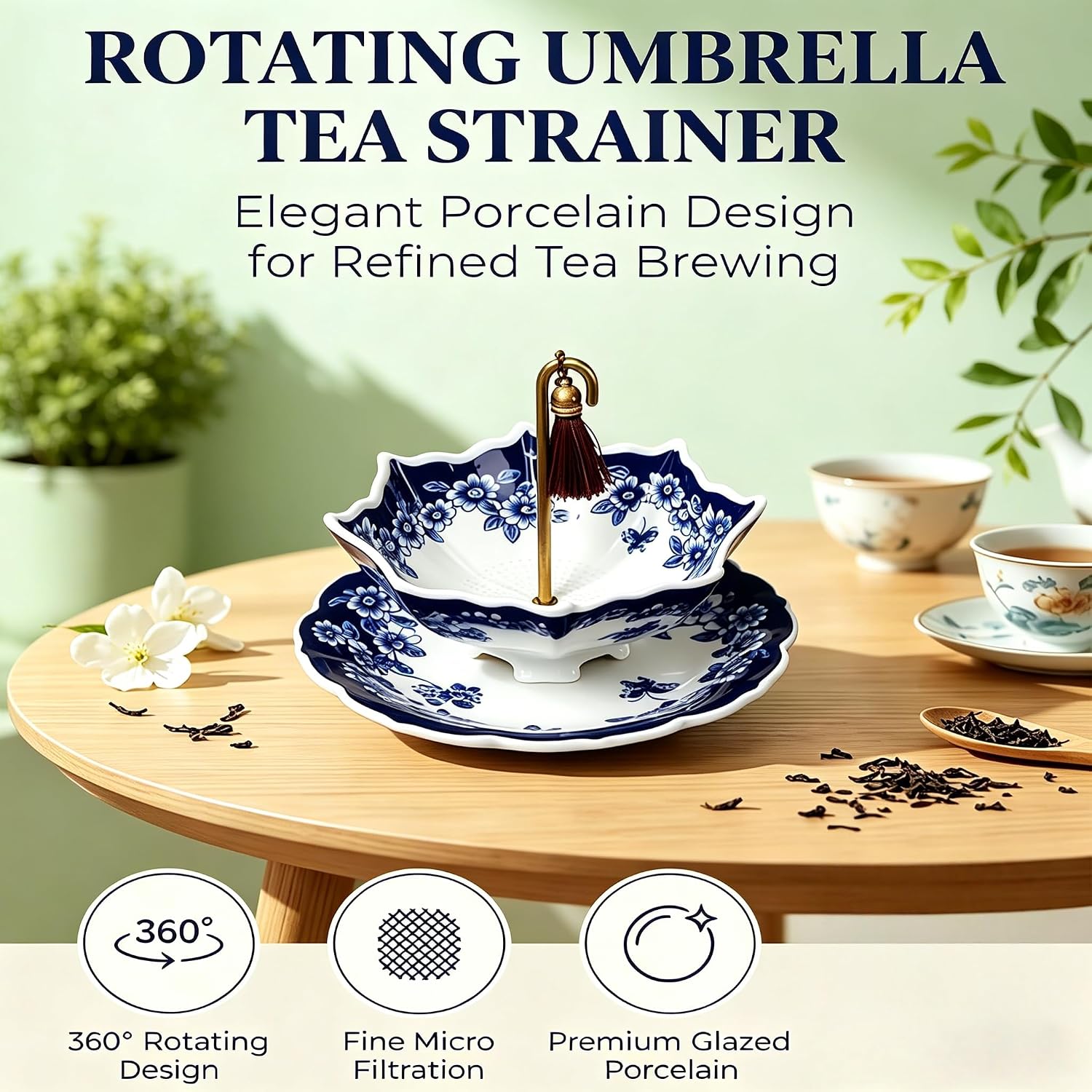 Ceramic Umbrella Shaped Tea Strainer Porcelain Tea Cup Infuser For Loose (Blue)