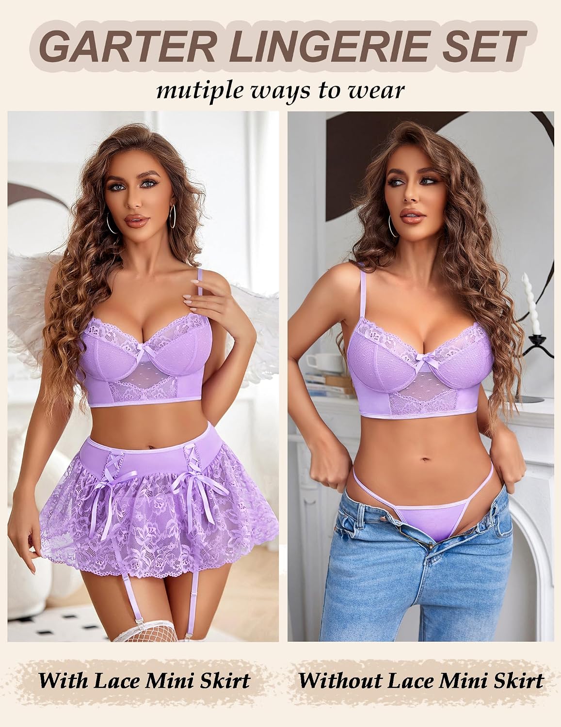 Avidlove Lingerie Set for Women 3Pcs Bralette and Panty with Lace Skirt Sexy Garter Sets (No Stockings)