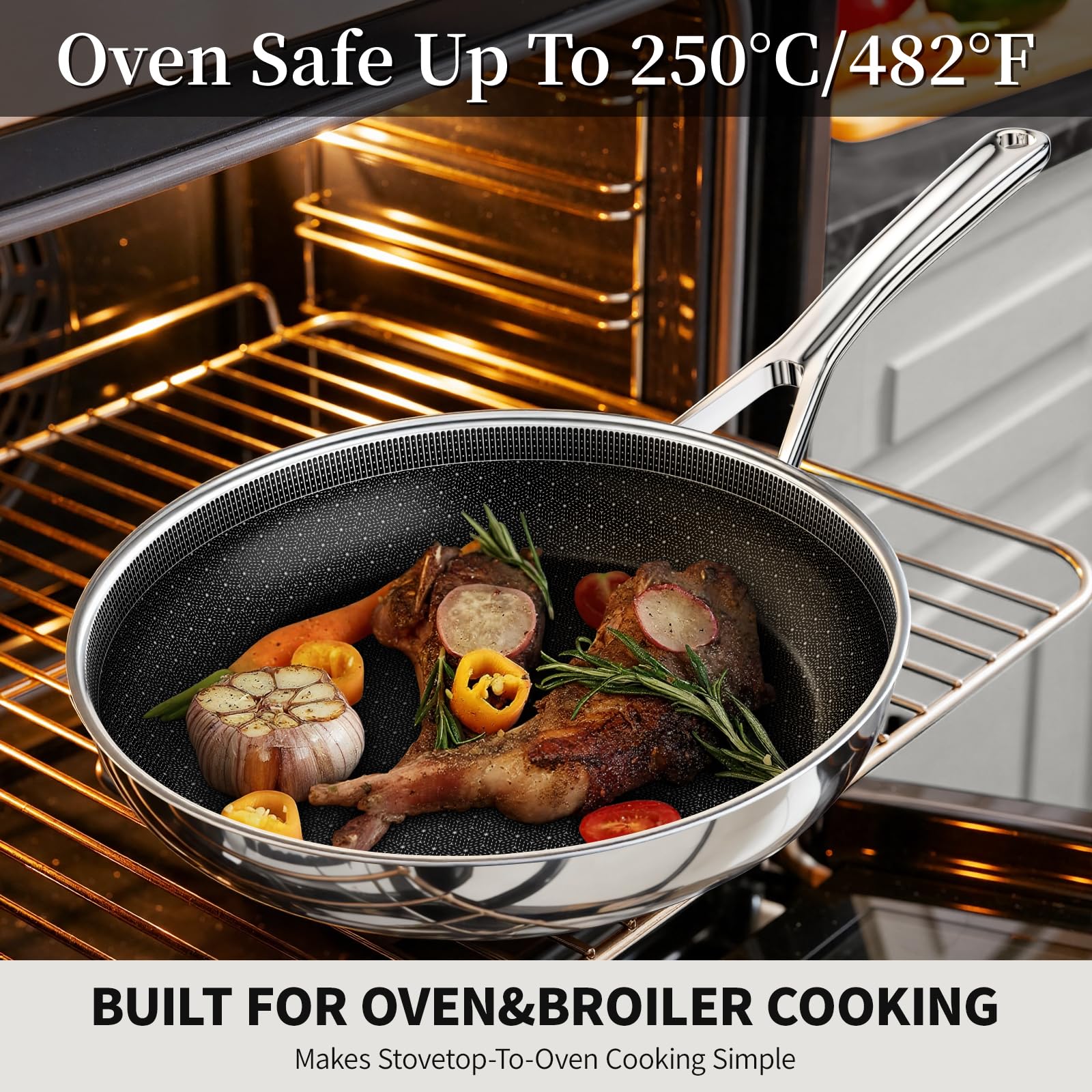 Innerwell Padella 28 cm in Acciaio Inox con Rivestimento in Ceramica, Antiaderente, senza PFAS/PFOA/PTFE, Adatta a Induzione, Gas, Elettrico, Forno e Lavastoviglie, Padella Professionale