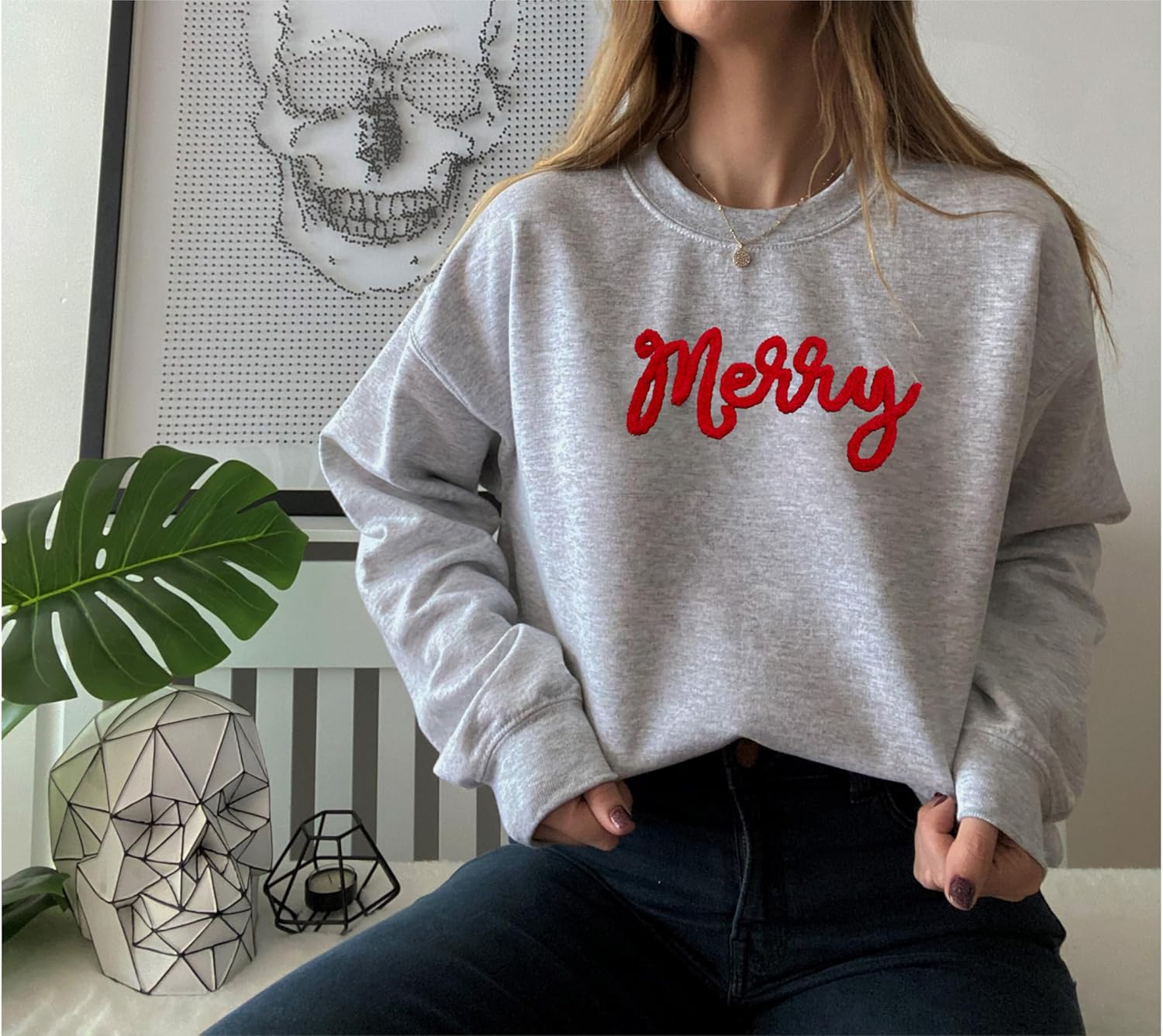 Christmas Sweatshirts Women Merry Chenille Letter Sweatshirt Xmas Holiday Party Gifts Crewneck Pullover Blouse - Image 6