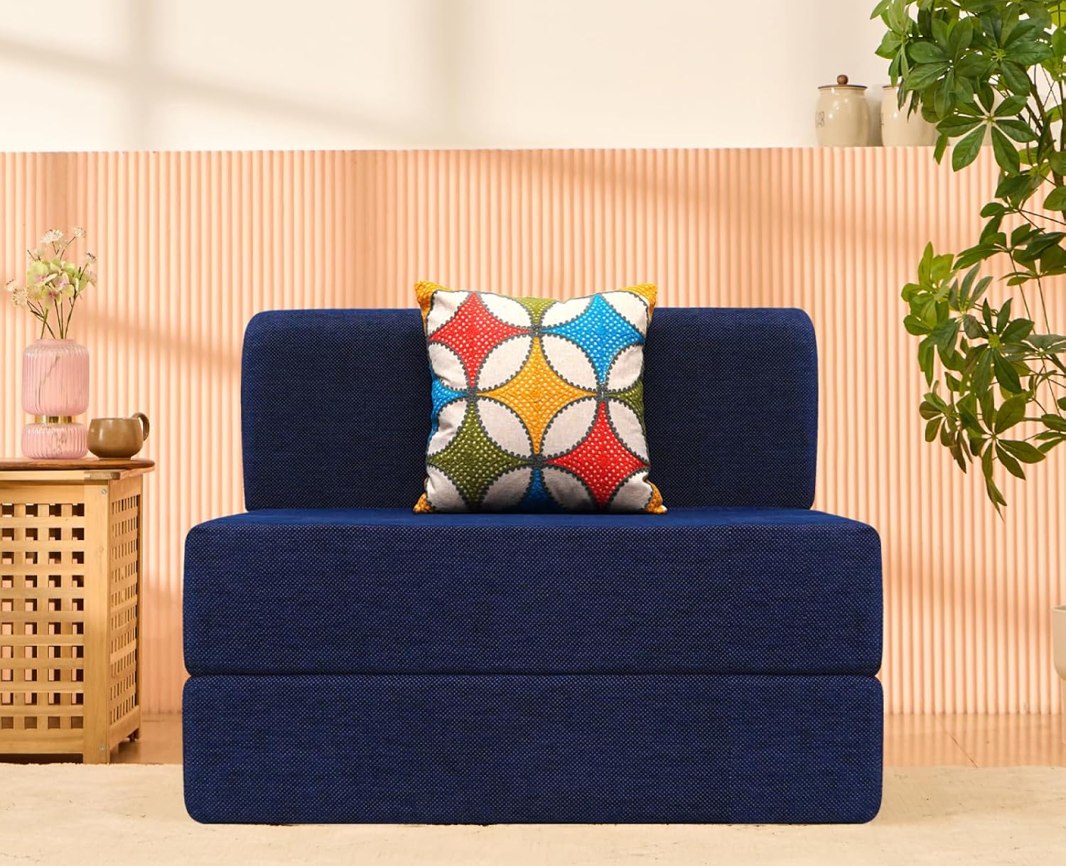 uberlyfe 1 Seater Sofa Cum Bed | 1 Year Warranty | Single Mattress, Foldable Sofacum Bed | 15″ Sofa Height | 1 Cushion Jharokha Pattern | Chennille Fabric, Dotted Blue | 3′ X 6′ Feet uberlyfe 1 Seater Sofa Cum Bed | 1 Year Warranty | Single Mattress, Foldable Sofacum Bed | 15″ Sofa Height | 1 Cushion Jharokha Pattern | Chennille Fabric, Dotted Blue | 3′ X 6′ Feet