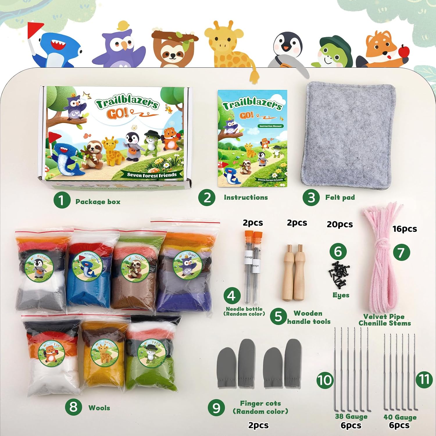 OEHPICC Needle Felting Starter Kit, 7 Cute Buddy Wool Felting Kit, Animal Felt Kit for Beginner Adults with Felting Needles and Instructions for DIY Felting