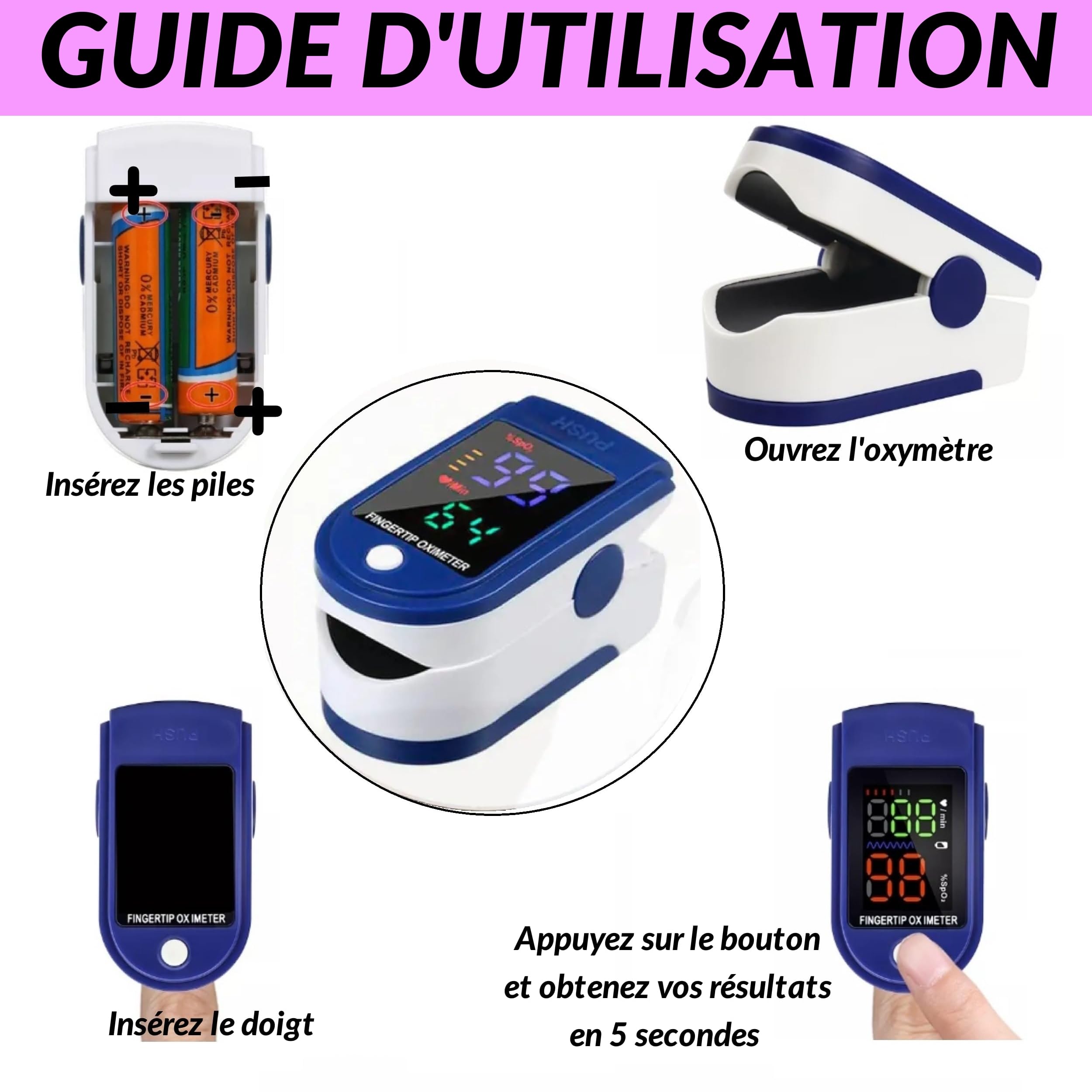 Oxymètre de Pouls Doigt – LOT DE 2 – Mesure SpO₂ & Fréquence Cardiaque – Écran LED Lisible – Piles Incluses – Oxymètre Adultes & Adolescents – Usage Bien-Être notice en Français etui et cordon