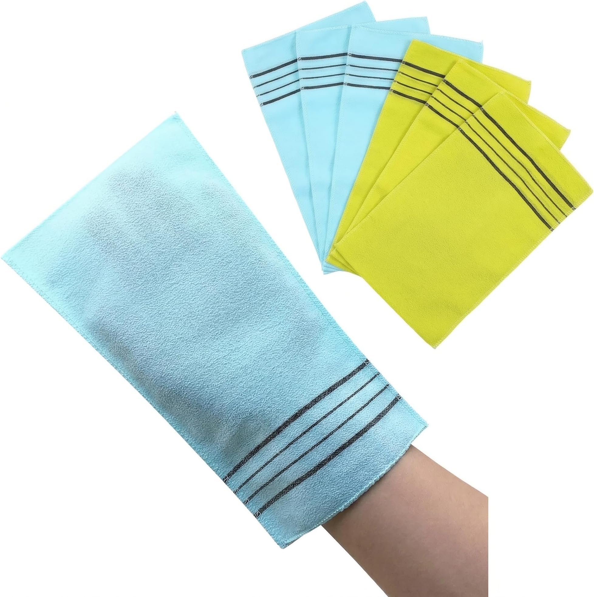Olivia Tree 6 Pack Korean Exfoliating Mitt โ Premium Viscose Italy Towel Body Scrubber for Dead Skin Removal, Korean Spa Bath Washcloth for Smooth Skin