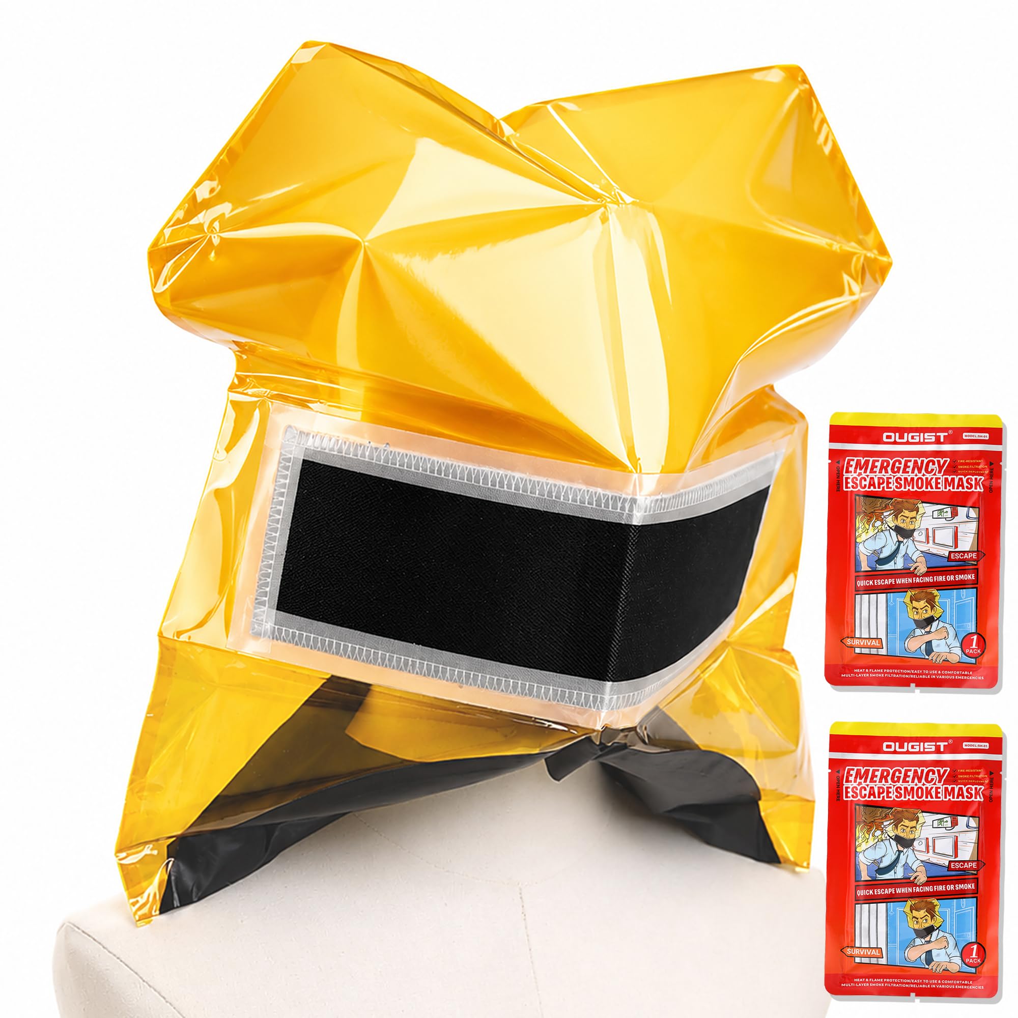 Ougist Portable Fire Escape Smoke Mask, Emergency Smoke Hood with Full Face Coverage, Clear View & Quick Pull-on Design for Home, Hotel, High-Rise Evacuation (2 Packs)