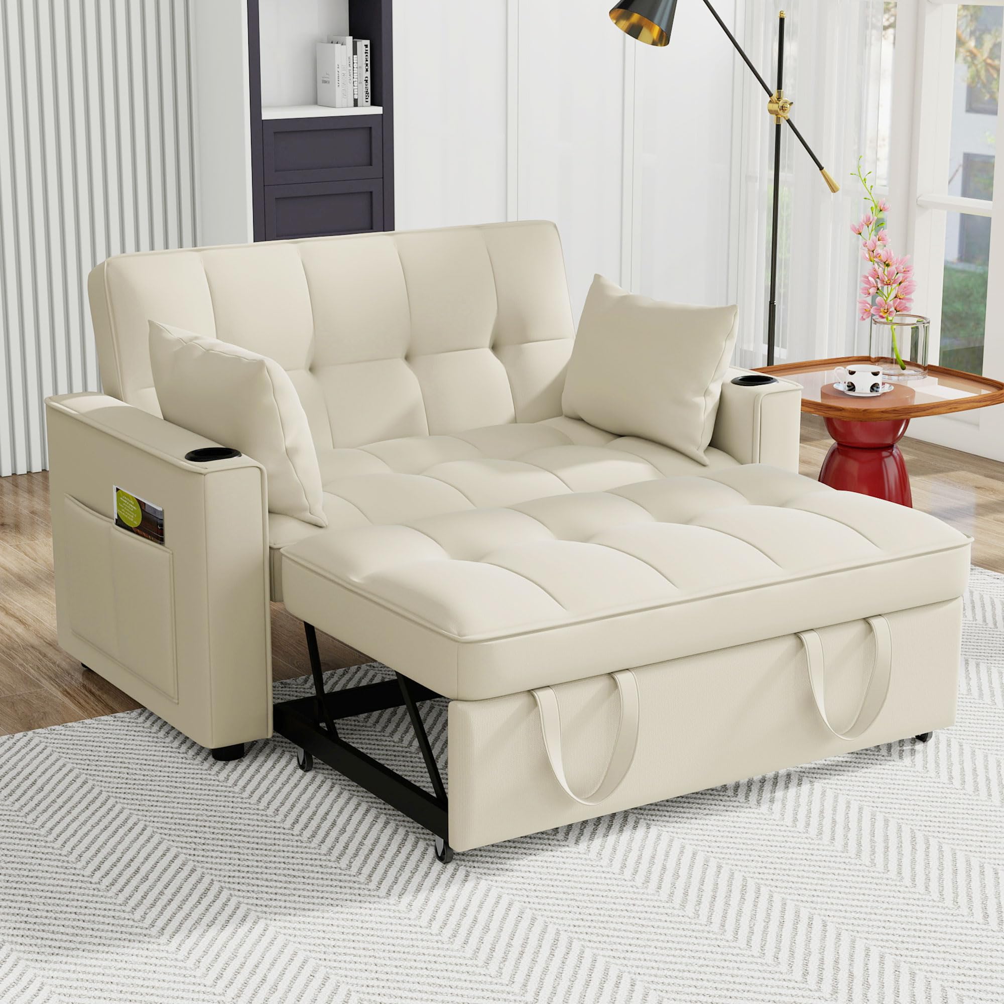 Azkoeesy Divano Letto Estensibile a 2 Posti 137 cm, con 2 portabicchieri, 2 cuscini, schienale regolabile su 3 livelli, tasca laterale per riviste e controller, rivestimento in velluto, beige