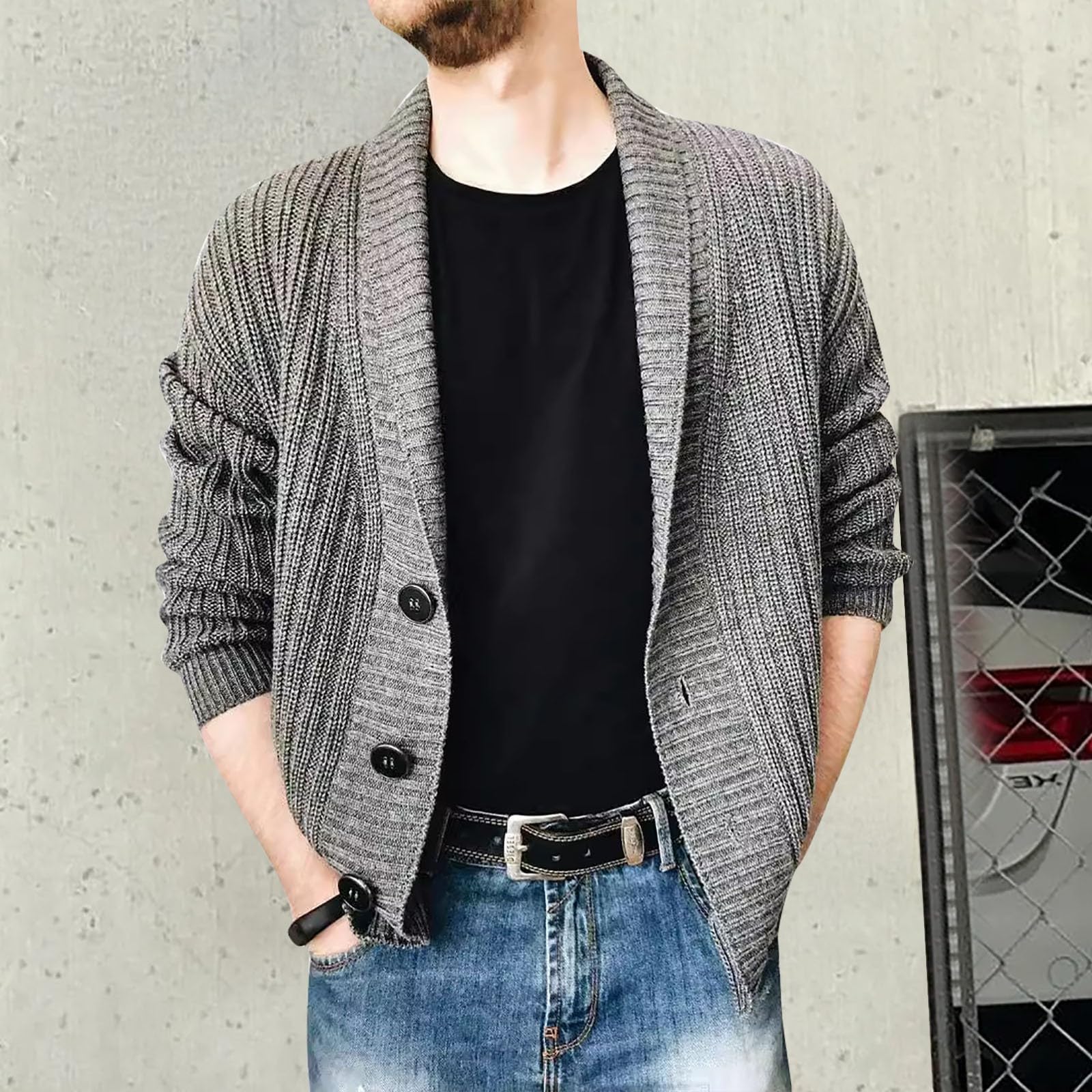 Cárdigan De Punto para Hombre, Chaqueta Punto Botones Hombre Manga Larga Cárdigan De Punto Trenzado Casual Cuello De Chal Abotonado con Bolsillos para Exterior El Ocio