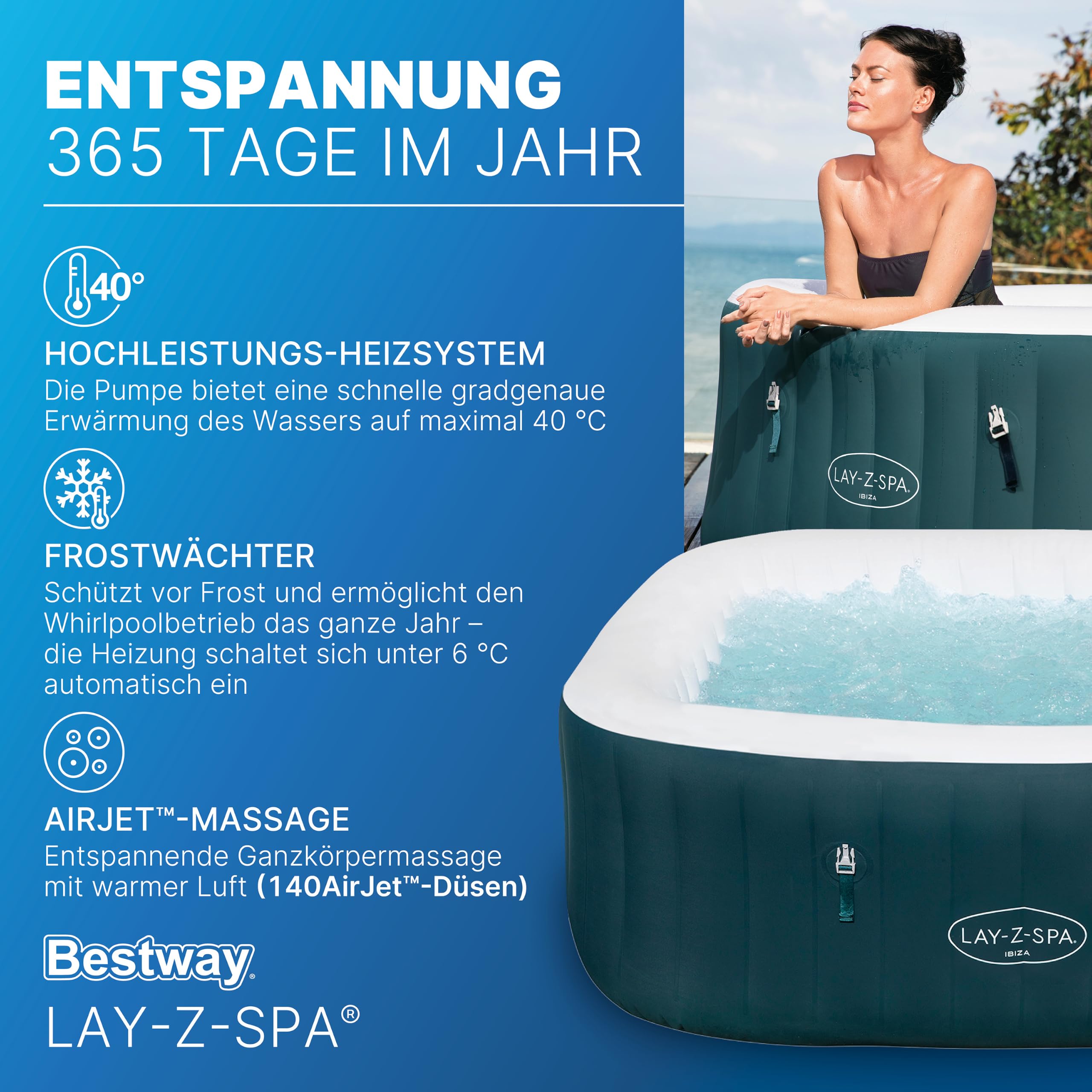 Bestway Lay Z Spa Ibiza AirJet Energiespar-Whirlpool 180x180 cm – aufblasbarer Whirlpool für 6 Personen mit 140 Luftdüsen, EnergySense Isolierung, Frostwächter & Timer – dunkelgrün