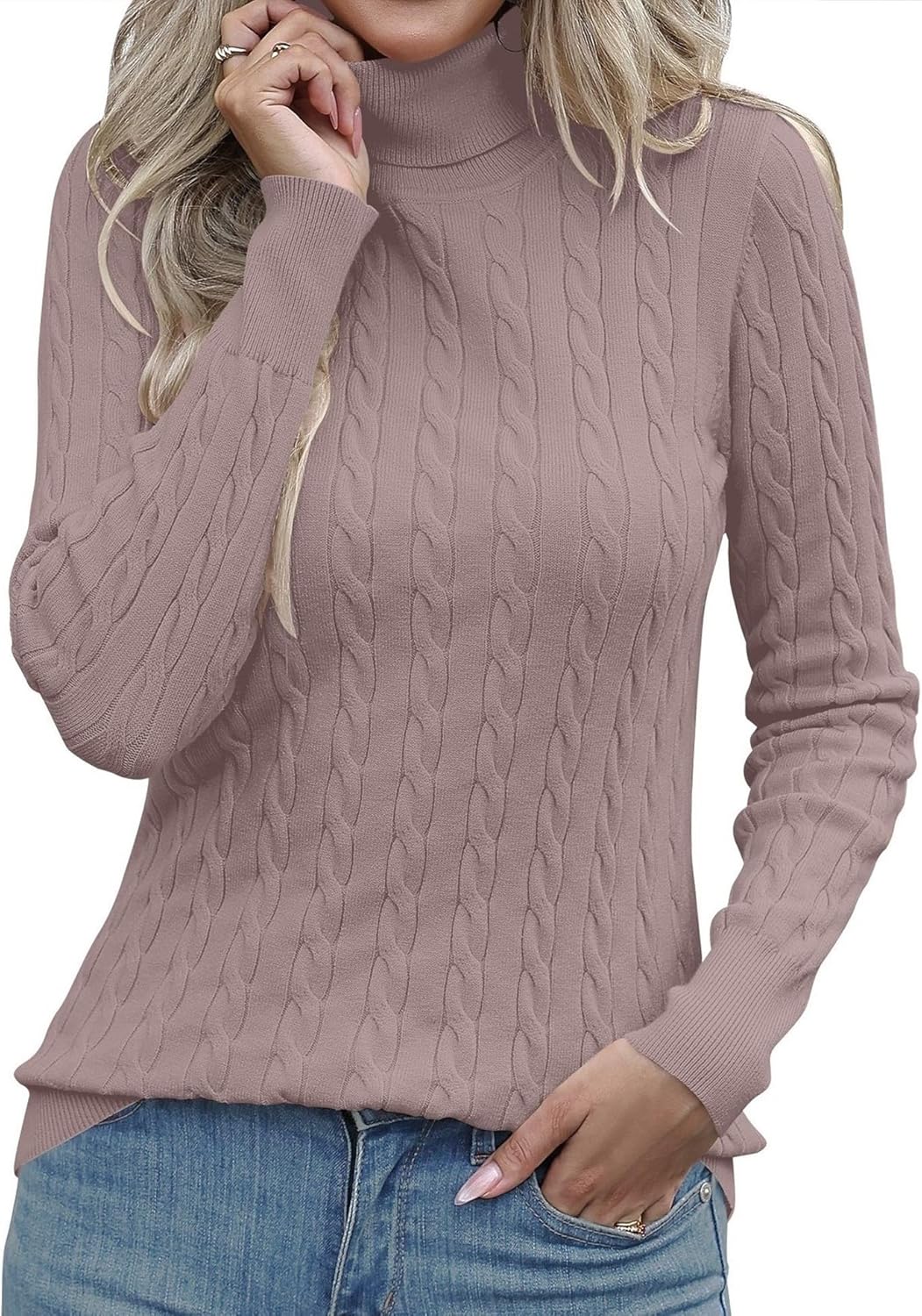 LOMON Women's Casual Turtleneck Sweaters Cable Knit Fall Long Sleeve Slim Fit Pullover Tops - Image 2