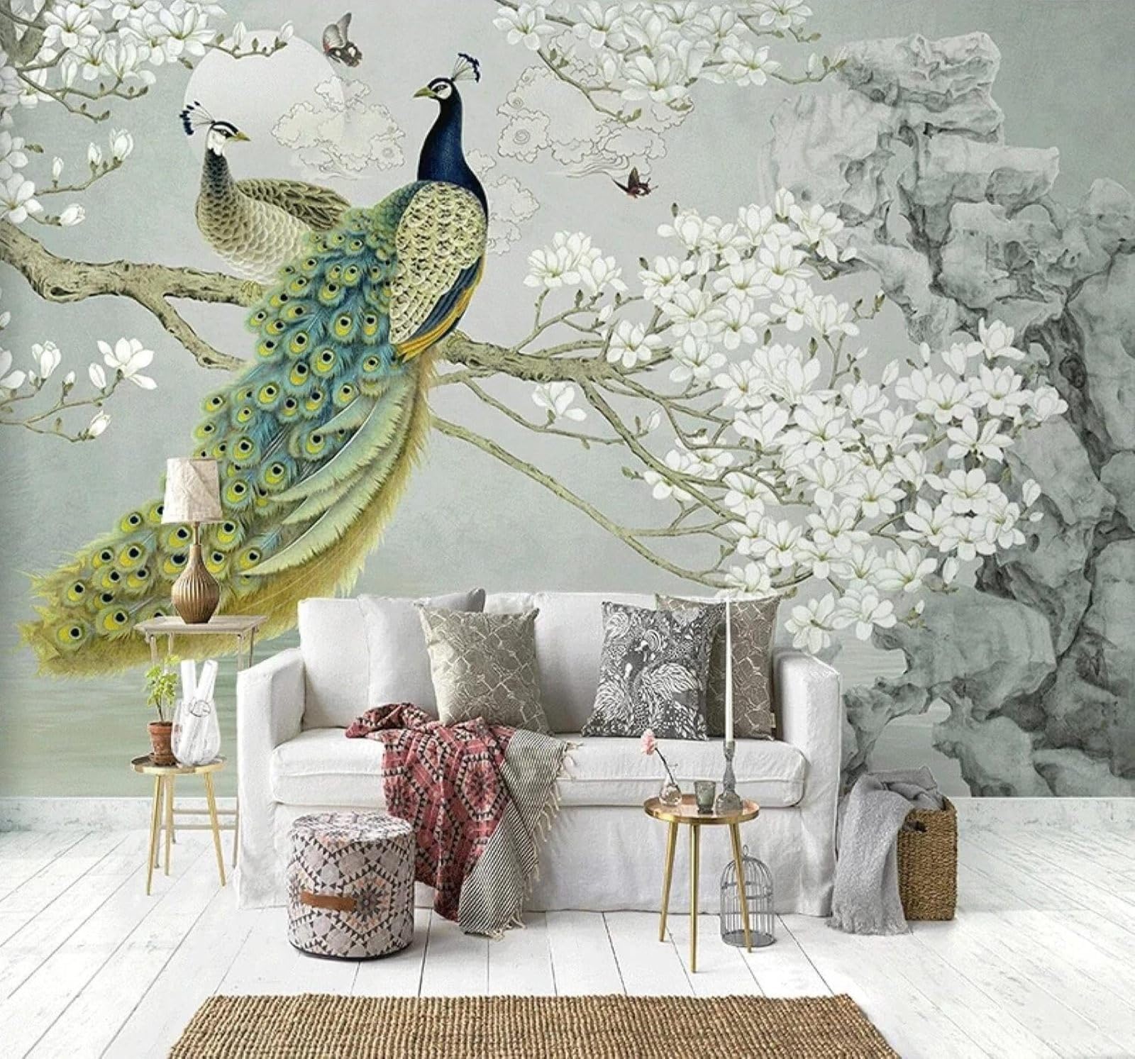 XLMING Beautiful Peacock Magnolia Butterfly Landscape 3D Wallpaper Silky Texture Home Study Office Grey Dining Room Sofa Bedroom Living Room TV Backdrop-350cm×256cm