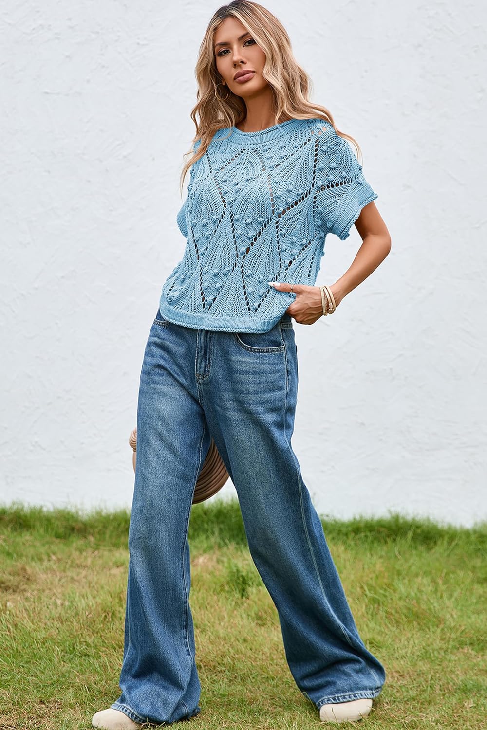 Cakulo Womens Short Sleeve Summer Fall Crochet Sweaters Lightweight 2025 Boho Crop Tops Knit Fashion Clothes Blue XL - Image 6