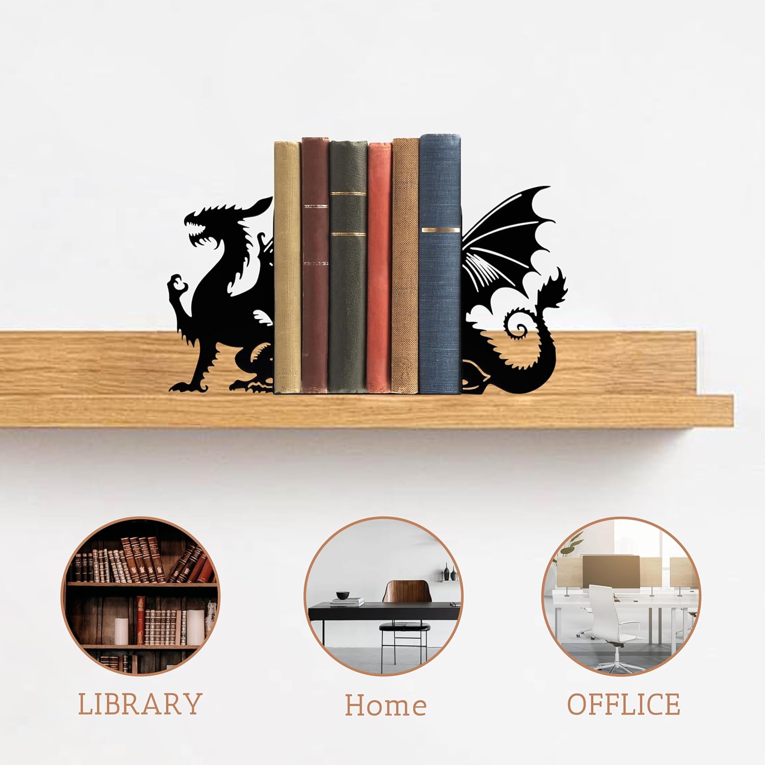 Dragon Metal Bookends Fanntasy Book Ends for Shelves Bookshelf Decorative Objects Home Office Desk Bookshelf Decor Dragon Lover Gifts for Reading Enthusiasts