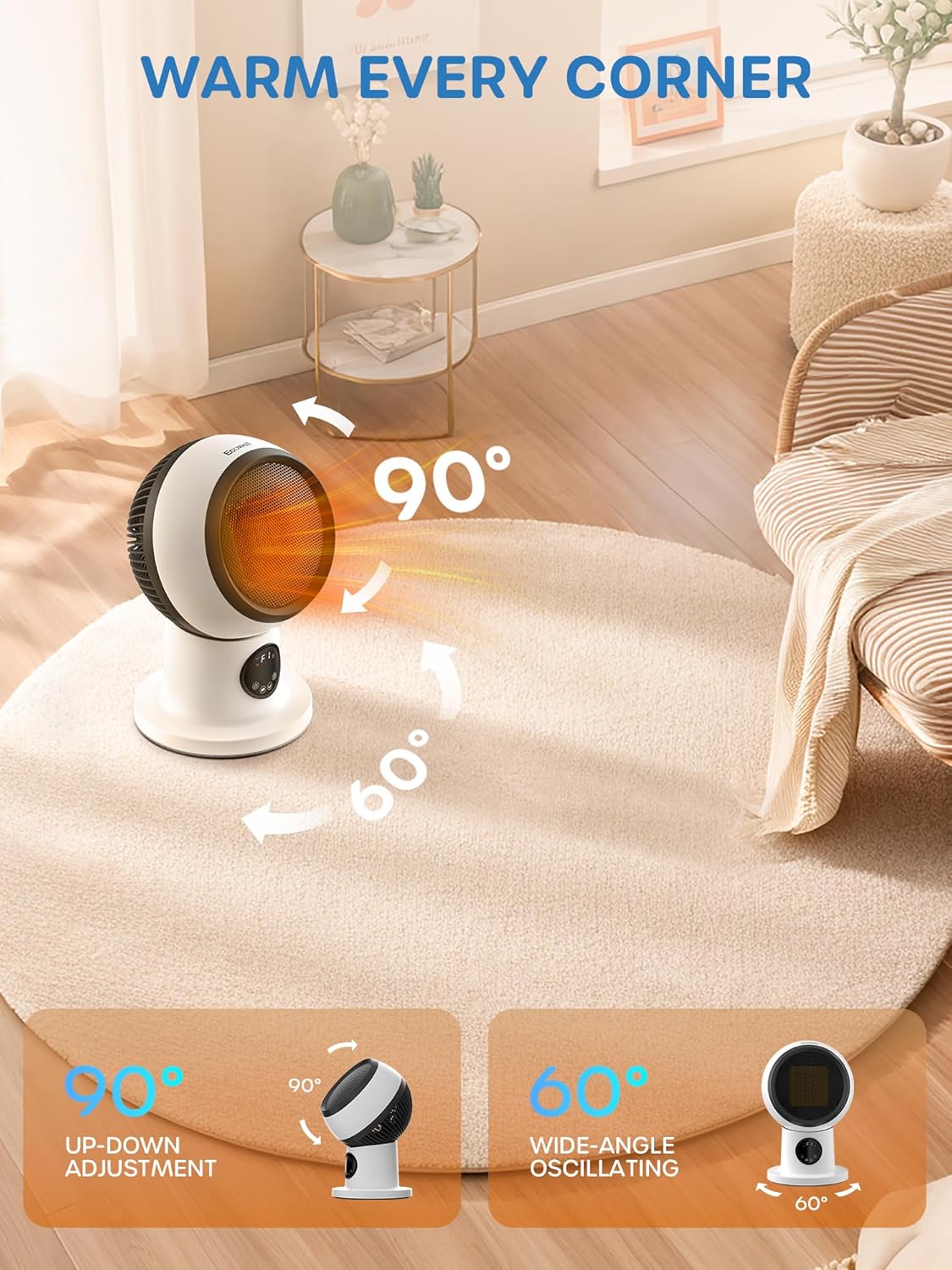 ECOWELL 15" Compact Modern Heater and Fan Combo, 1500W PTC Ceramic Space Heaters for Indoor Use with Remote, 0-12H Timer, 60° Oscillation, Thermostat - for Office & Medium Rooms (2...