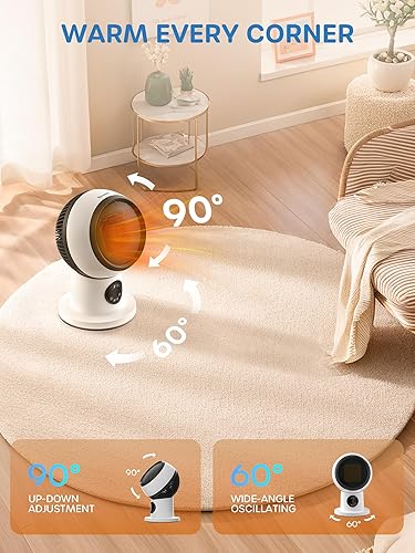 Miniatura 4 de ECOWELL Combo de calentador y ventilador moderno compacto de 15 pulgadas, calentadores de espacio de cerámica PTC de 1500 W para uso en interiores