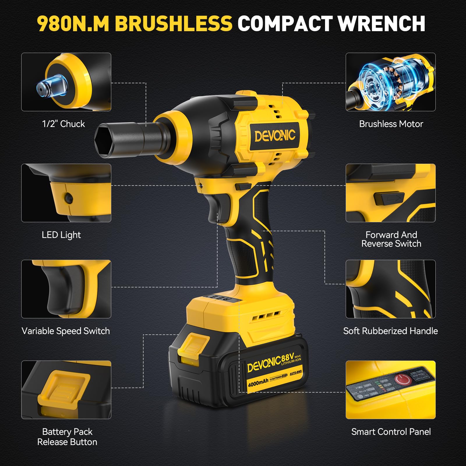 【新品】DEV LARGE /KUROFUNE9000 XGOLD DEVONIC Cordless Impact Wrench,750Ft-lb(980N.m) Brushless