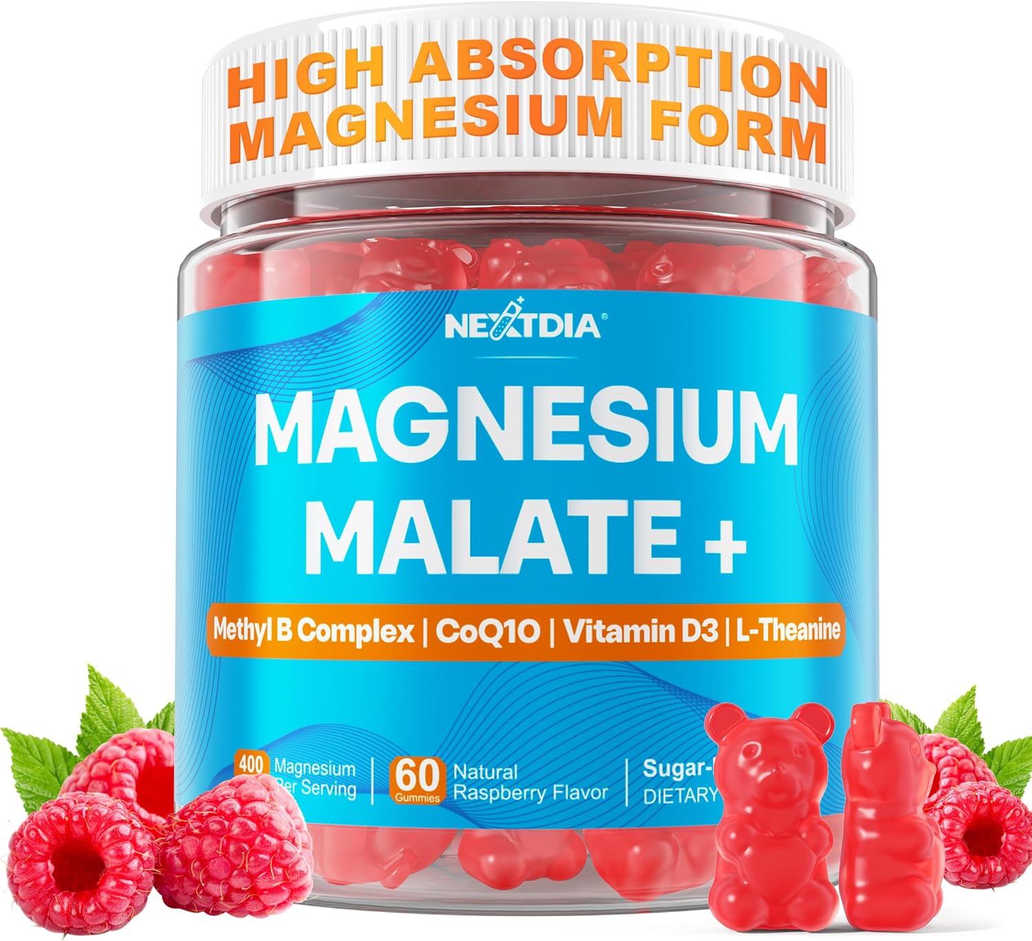 Nextdia Magnesium Malate Energy Gummies Plus L-Theanine, CoQ10, Methyl B12, Methylfolate, B6 & D3-400mg Magnesium Gummy Sugar Free for Women Men, Supports Muscle Function, Calm & Relax, Vegan, 60 Cts