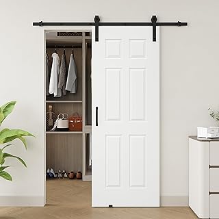 36" x 80" Molded 6-Grid Panel Barn Door with 72" Track & Black Hardware Kit, Pre-Assembled Sliding Barn Doors for Closet Kitchen Bedroom, Resistant to Shattering and Scratching, Soundproof, Sturdy