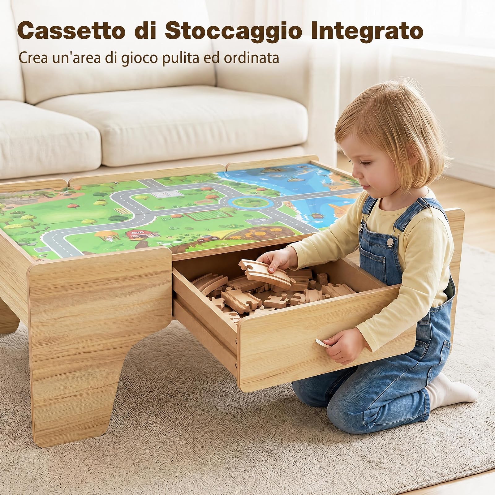 COSTWAY Tavolo Attività per Bambini 3+ Anni, con 110 pz Giocattoli Trenino | Tavolino Creativo con Cassetto e Piano Reversibile e Rimovibile, con Binari, Sistema di Traffico e Mappa, per Gioco e Studio