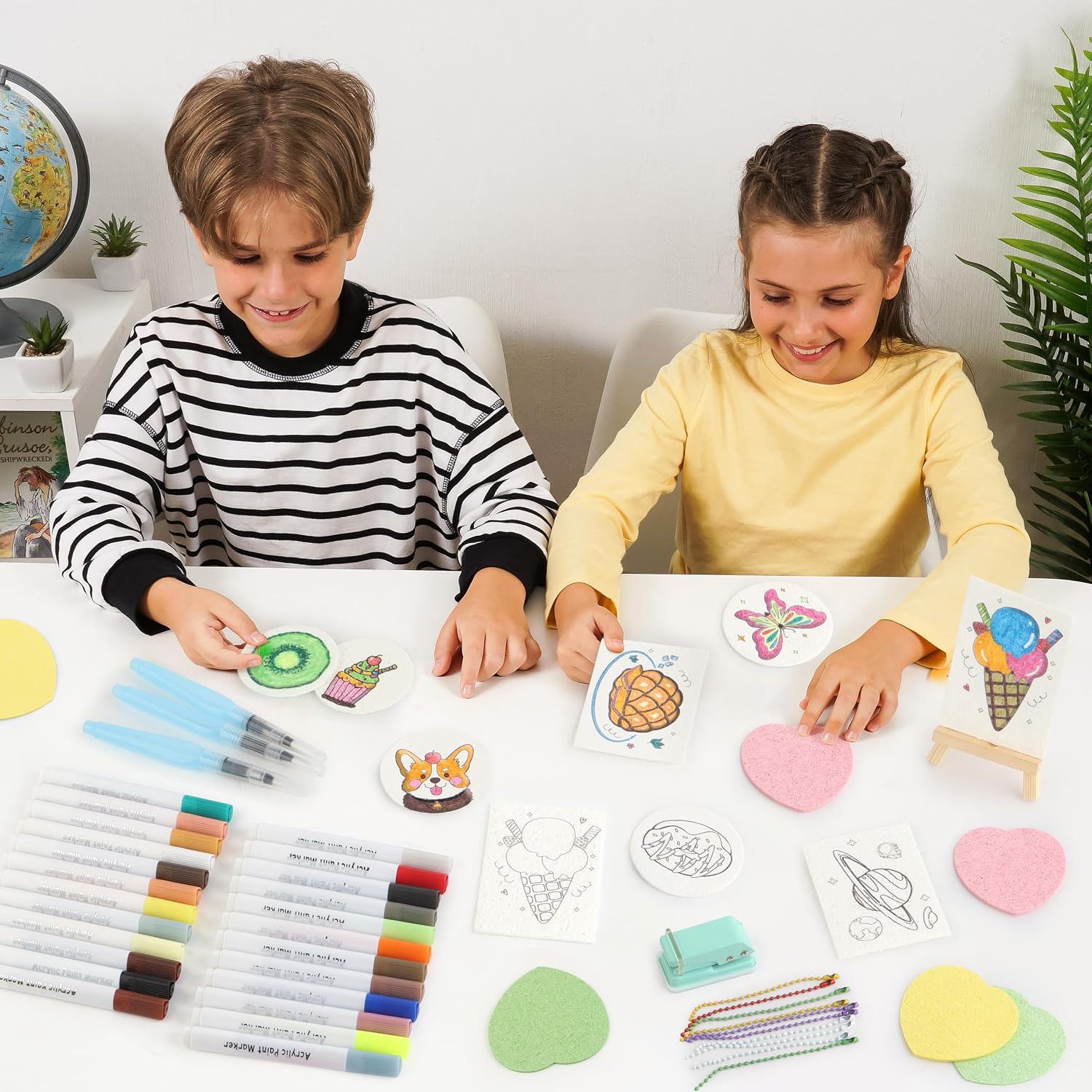 70PCS Magic Foam Texture Painting Kit, Magic Puffy Paint Kit with 30 Foam Texture Paper, 24 Colors Acrylic Paint Markers, Hole Punch Mini Display Stand, 3D Painting Craft Gift for Birthday, Christmas