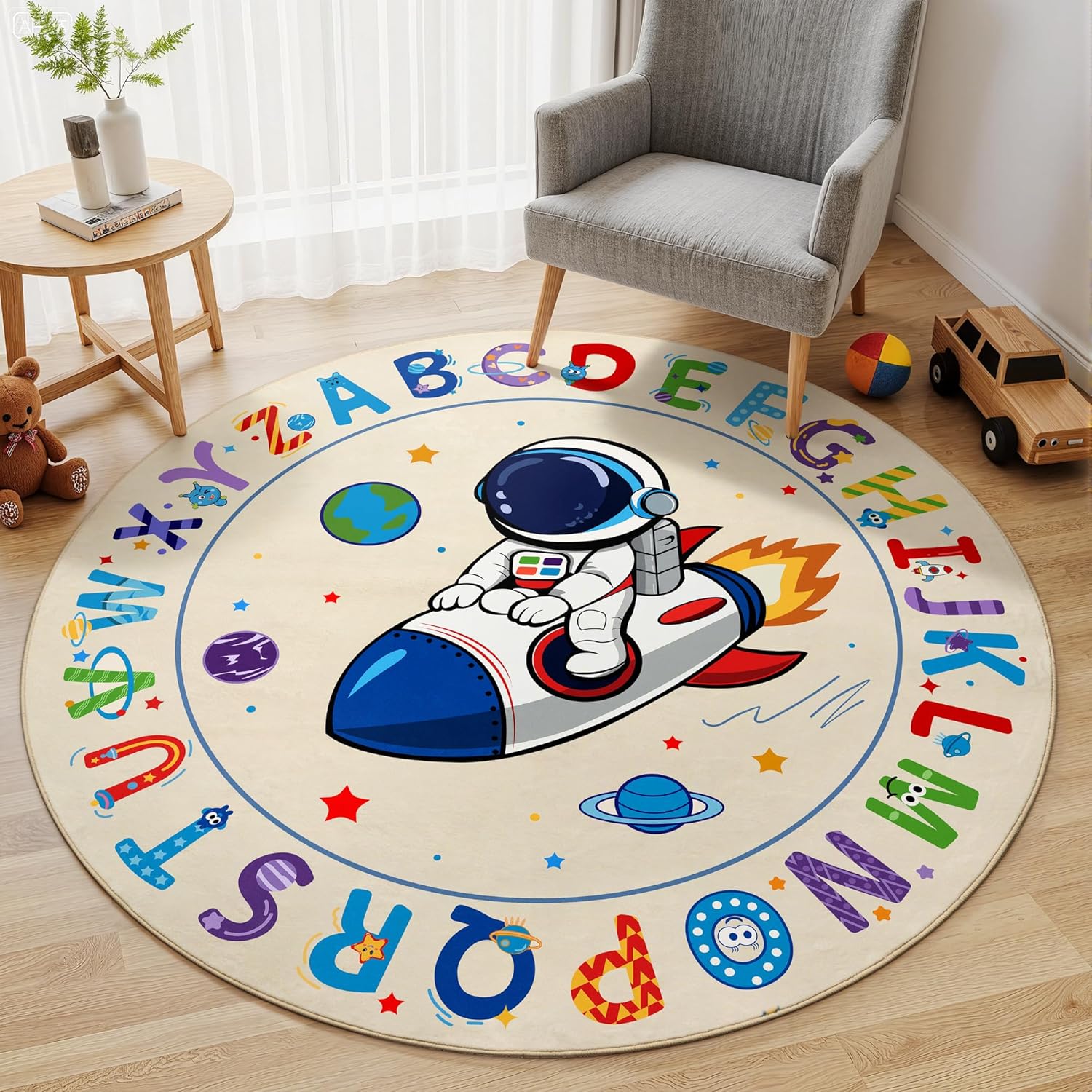 ABC Kids Alphabet Round Rug 4ft, Washable Soft Circle Nursery Rug, Non-Slip Educational Carpet with Space Astronaut Design for Classroom, Playroom & Kids Room Decor Blue