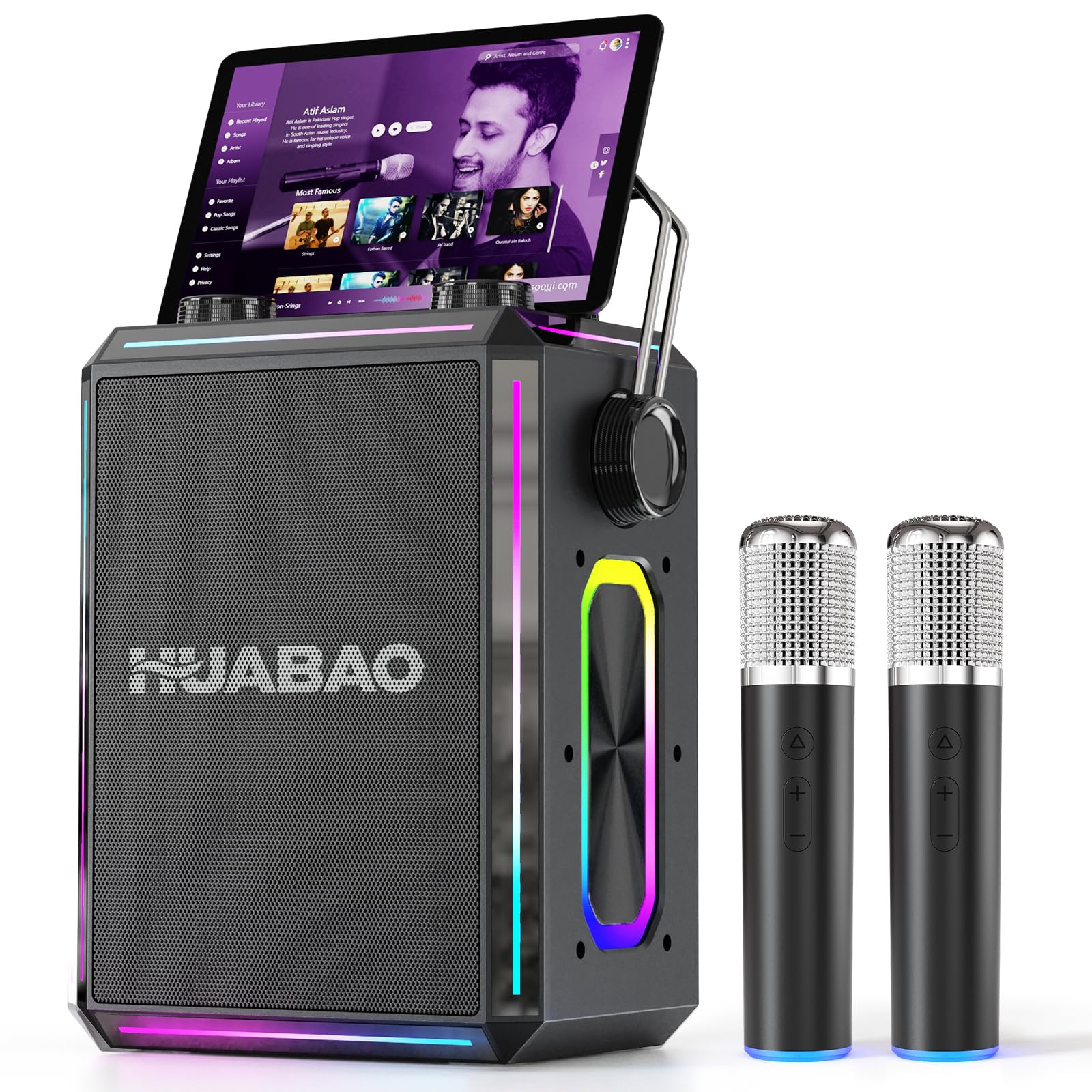 Altavoz Bluetooth portátil para Karaoke con 2 micrófonos inalámbricos, Luces RGB, Ajuste de Agudos y Graves, Efectos de Voz, AUX/USB/TF/OTG, Altavoz para Fiestas para Adultos y niños (Negro)