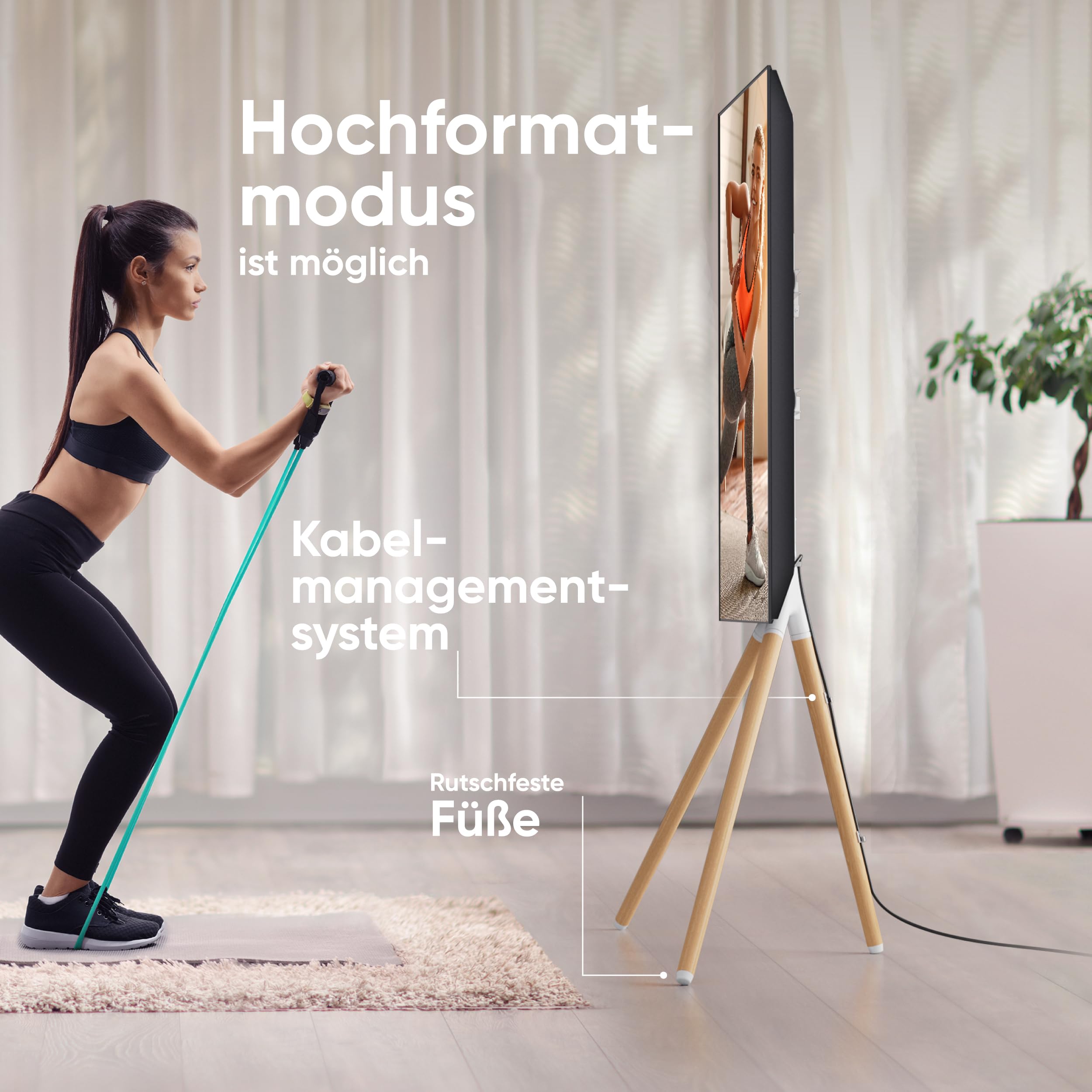 ONKRON TV Ständer Dreibein für 32-65 Zoll Fernseher bis 35 kg, Staffelei TV Standfuss höhenverstellbar schwenkbar, VESA 100x100-400x400, Fernseher Tripod Stand aus Holz Weiß TS1220-W