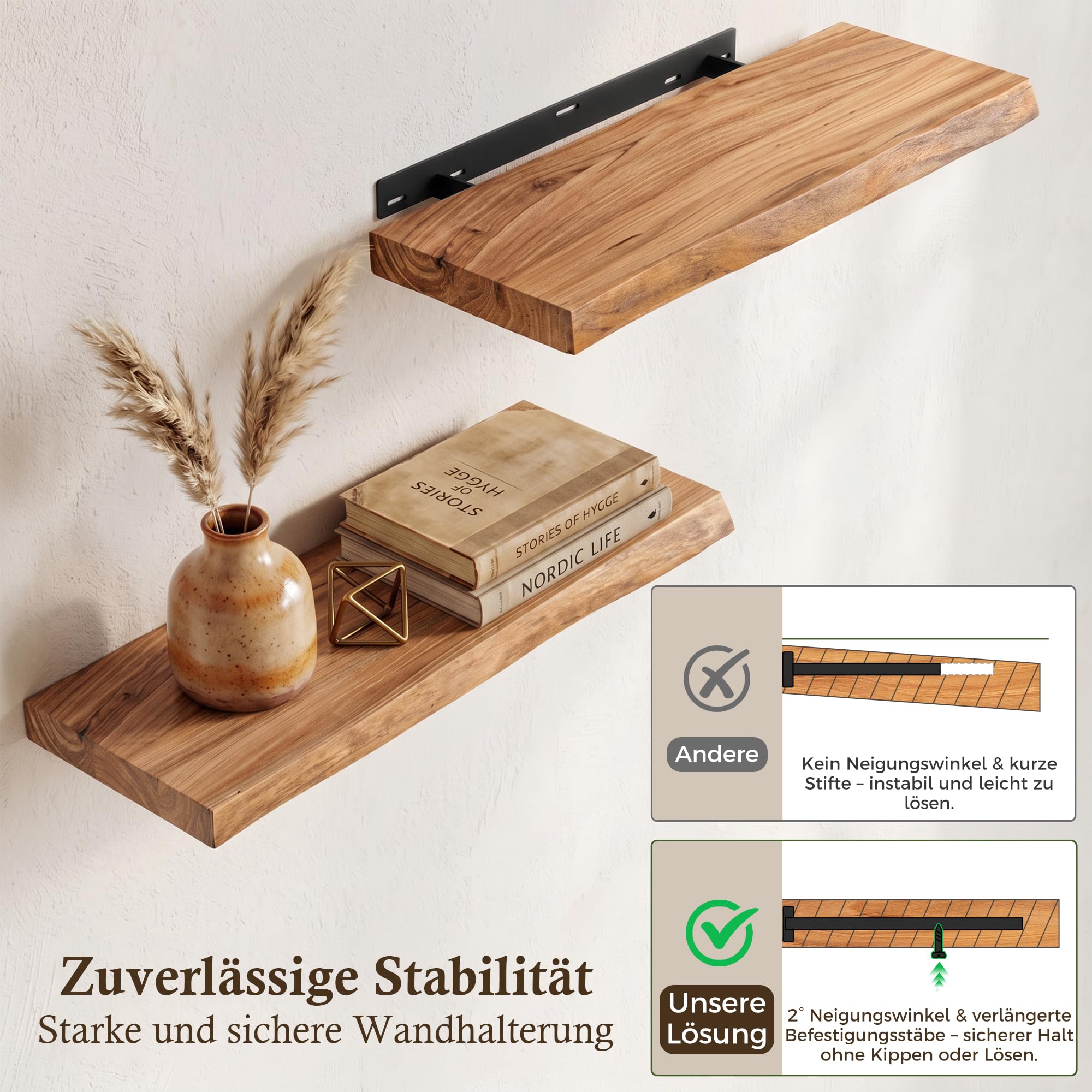Feihorrm 100cm Wandregal Massivholz Ulmen Schweberegal mit Baumkante