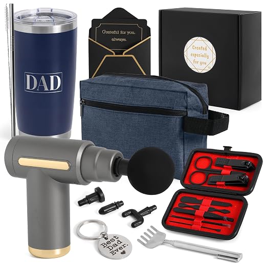 Cesta de presente para papai - conjunto de presente de 7 peças para papai, pistola de massagem, copo de 590 ml, bolsa de higiene, kit de manicure, arranhador de costas, chaveiro e cartão