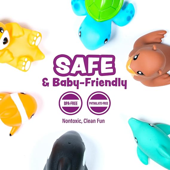 Tub Works MarineTM Mold Free Bath Toys, 6 Pack | Sealed, No Hole Bath Toys Design Keeps Moisture Out | Soft, Squeezable & Float on Water | Easy-Grip Baby & Toddler Bath Toy Set | Great Baby Pool Toys