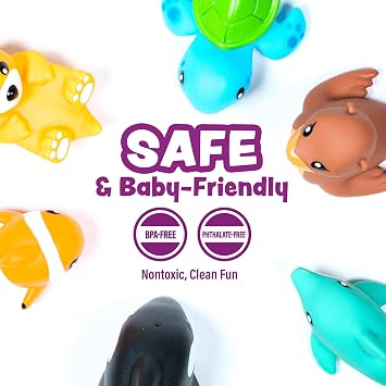 Tub Works MarineTM Mold Free Bath Toys, 6 Pack | Sealed, No Hole Bath Toys Design Keeps Moisture Out | Soft, Squeezable & Float on Water | Easy-Grip Baby & Toddler Bath Toy Set | Great Baby Pool Toys