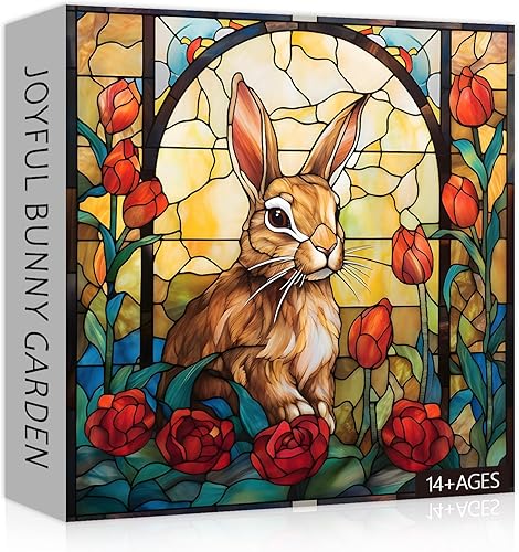 Rompecabezas de conejito de vidrieras para adultos de 1000 piezas, rompecabezas de jardín de flores de Pascua, rompecabezas de arte colorido para