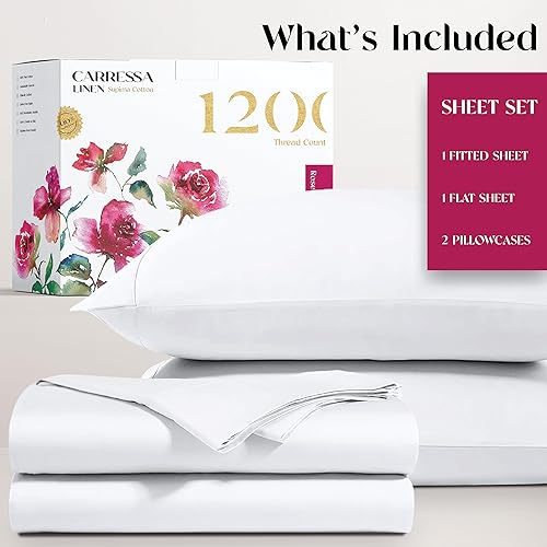 Miniatura 4 de Carressa Linen Sábanas de lujo 100% algodón Supima, sábanas de algodón premium de 1200 hilos para cama tamaño Queen, juego de sábanas blancas de 4