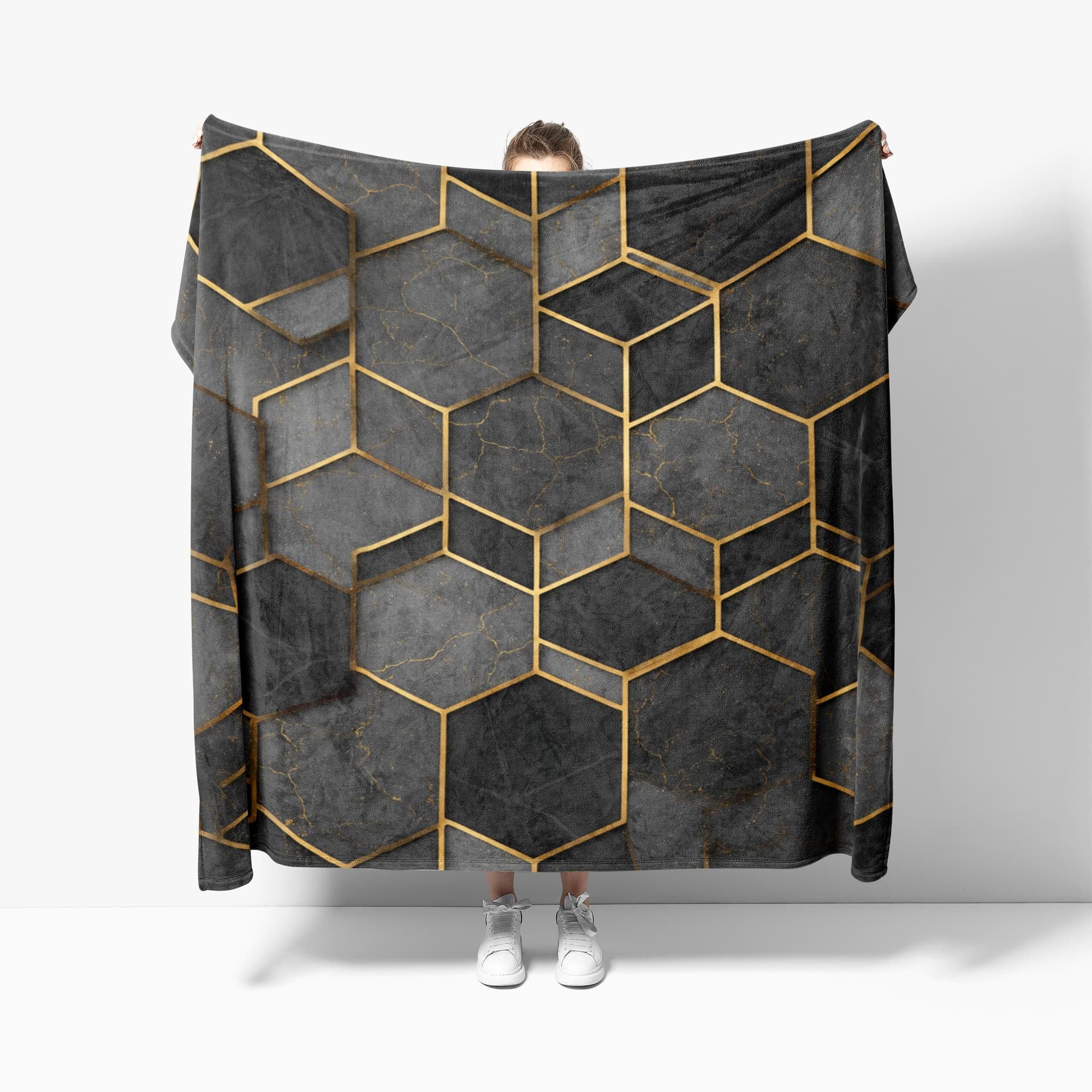Plaid couverture flanelle noir 180x220 cm avec motif géométrique moderne