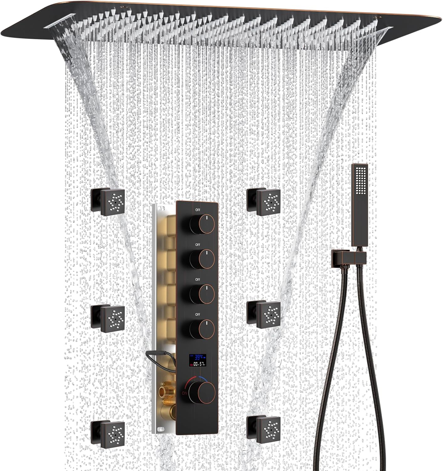 Oil Rubbed Bronze Digital Display Shower System with 16X24 inch Ceiling Mounted Shower Head(Rain&Waterfall Modes), with Handheld Spray and 6 PCS Dual Modes Body Jet