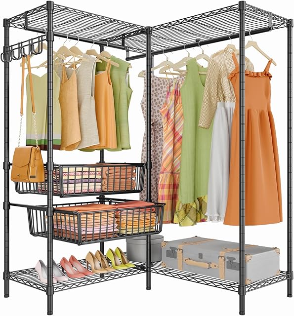 VIPEK L9 Heavy Duty Clothing Rack L Shape Garment Rack Standing Closet Rack for Hanging Clothes, Corner Clothes Rack with Adjustable Shelves Metal Wardrobe with Slide Baskets, Max Load 700LBS, Black