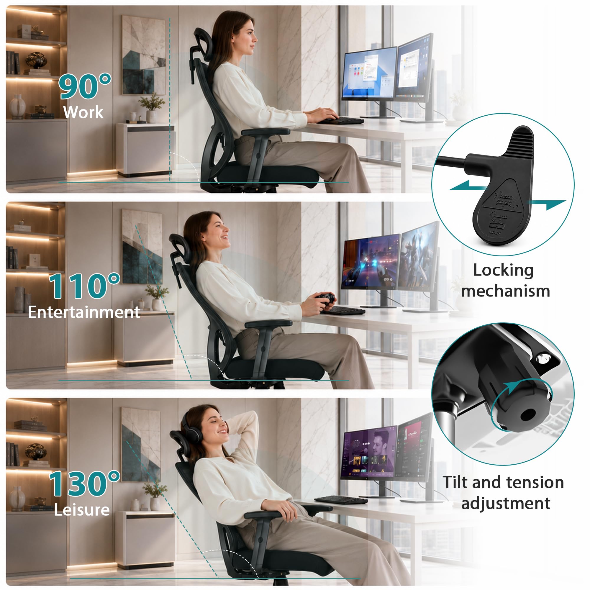 Durrafy Silla de Oficina Ergonómica con Reposacabezas Ajustable, Reposabrazos, Soporte Lumbar, Altura Regulable y Oscilación de 130°, Silla de Escritorio con Capacidad de Carga de 150 kg
