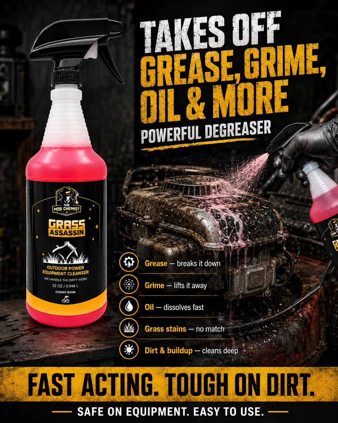 Grass Assassin Outdoor Power Equipment Cleaner & Degreaser, Lawn Mower & Mower Deck Cleaner for Grass, Grease, Grime & Dirt, Cherry Scent - 32 Fl Oz