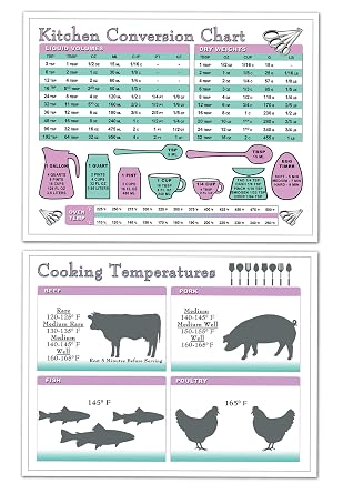 Kitchen Measurement Conversion & Meat/Fish Internal Cooking Temperature Times Chart Double Sided - Weight, Liquid, Recipe Measuring Tool for Cooking and Baking - Laminated 8.5 x 11