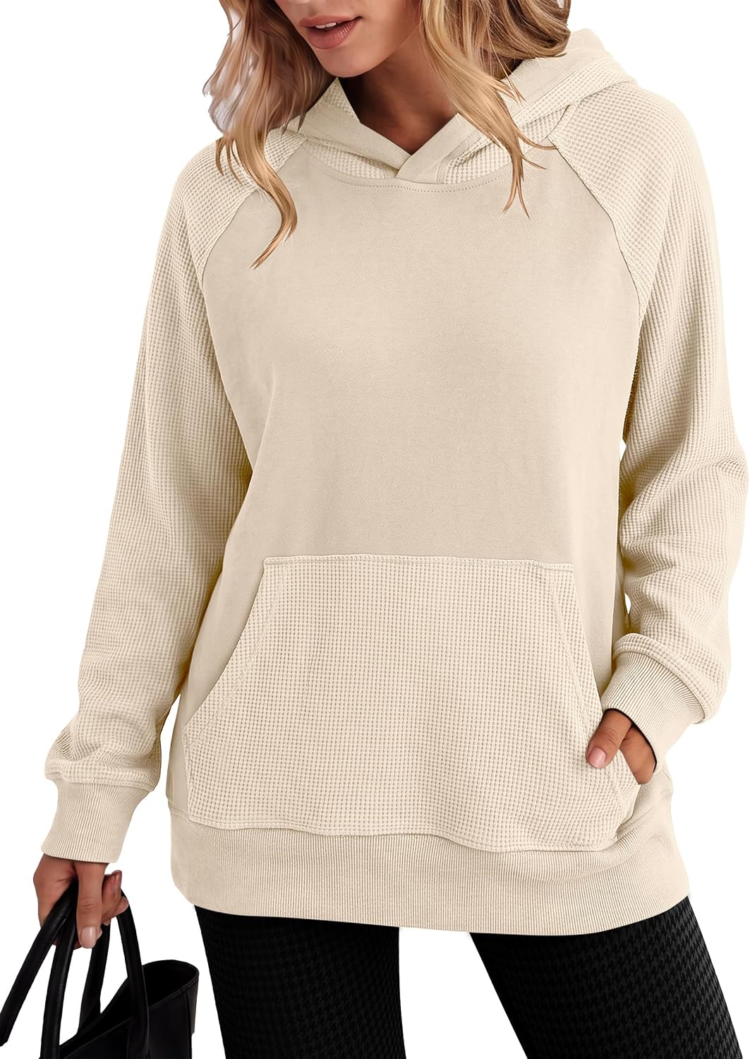 ANRABESS Womens Waffle Knit Oversized Hoodie Sweatshirts | Cozy Lightweight Pullover Tops, Raglan Sleeve with Pocket, Loose, School Office Casual Wear, Fall Winter Trendy Outfits