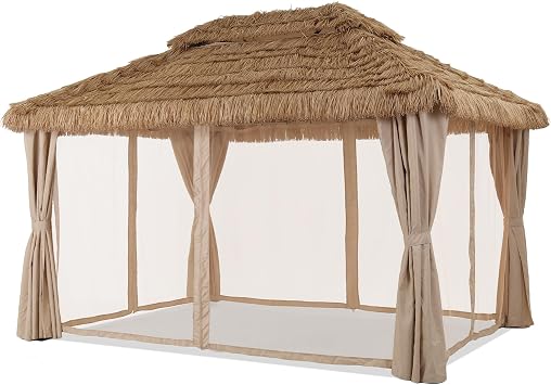 10 x 13 ft Thatched Gazebo Canopy, Double-Layer Ventilated Roof, Mesh Netting and Curtain Sidewalls, UV-Resistant, for Garden, Porch, Poolside, Khaki