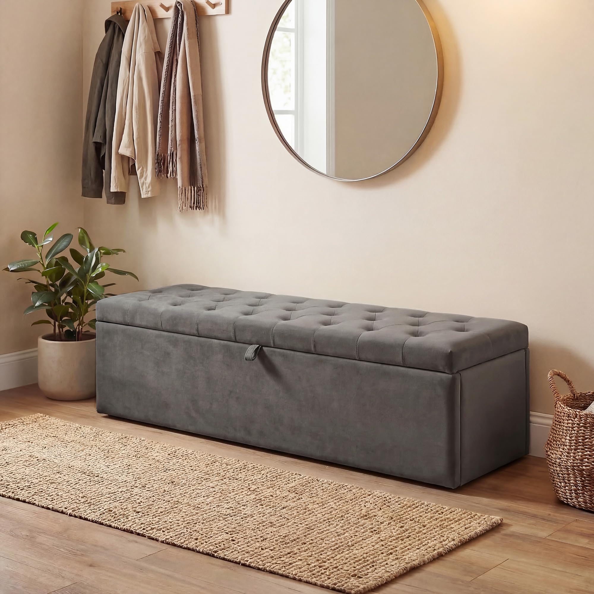 HOMCOM Cassapanca 140L Pouf Contenitore Poggiapiedi 137x41x42 cm, Seduta Ampia Imbottita, Panca Contenitore in Velluto, Capacità 240kg, Camera da Letto, Soggiorno, Ingresso, Grigio