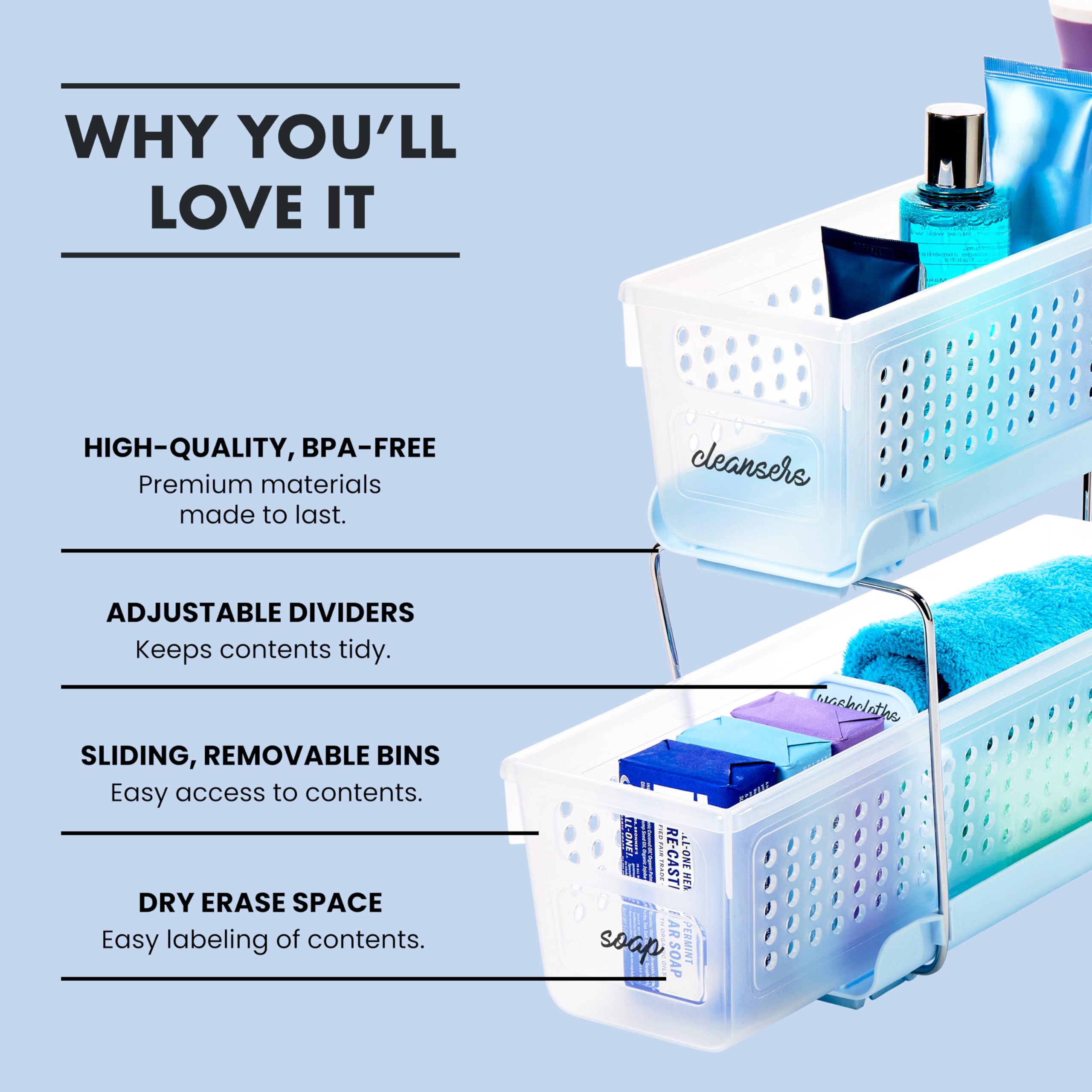 madesmart Mini Organizador Multiusos de plástico de 2 Niveles con contenedores de Almacenamiento deslizantes divididos, Estante Organizador Compacto Debajo del Fregadero y gabinete, Escarcha