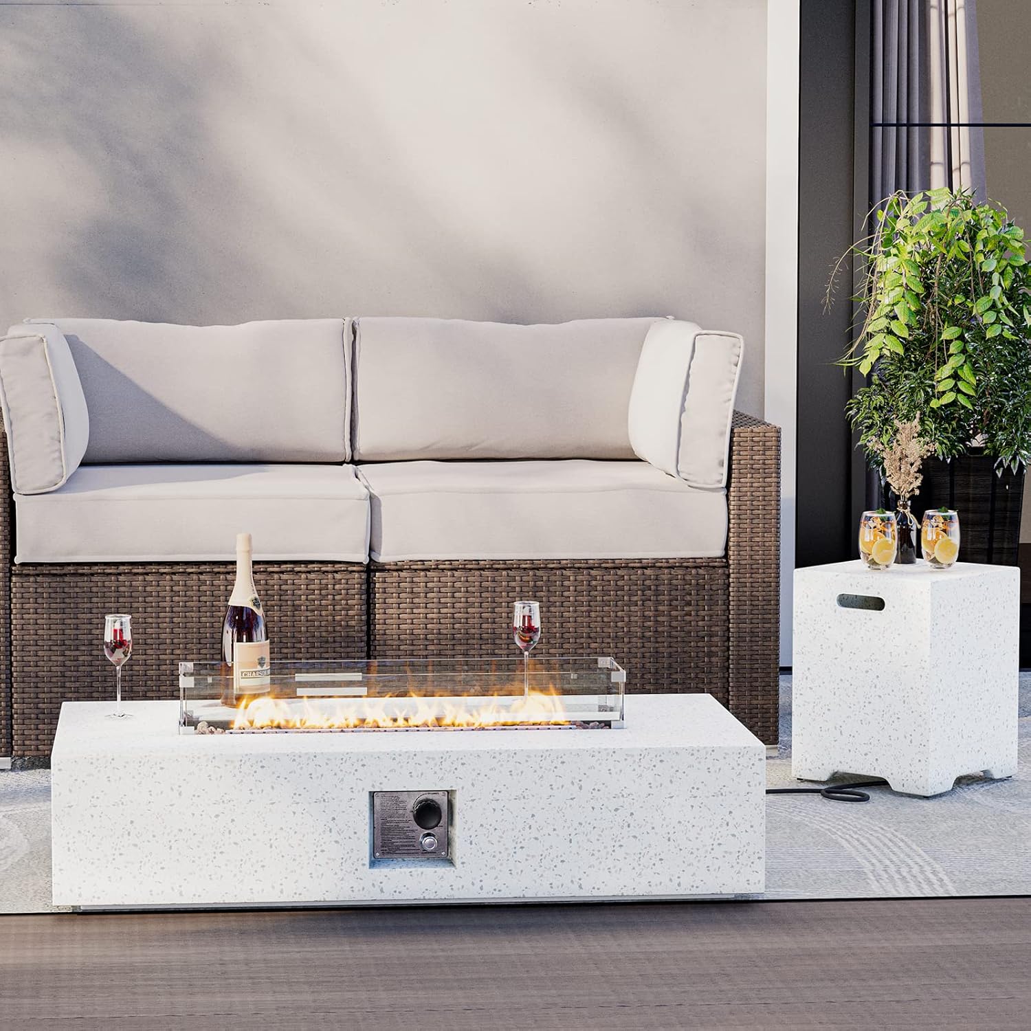 HOMPUS Outdoor Rectangular Propane Fire Pit Table, 59''x28’’x12'' Fire Table w Wind Guard & 20lb Tank Cover Table, 50000 BTU Fire Pit w Free Waterproof Cover & Fire Stone for Patio, Garden, Terrazzo